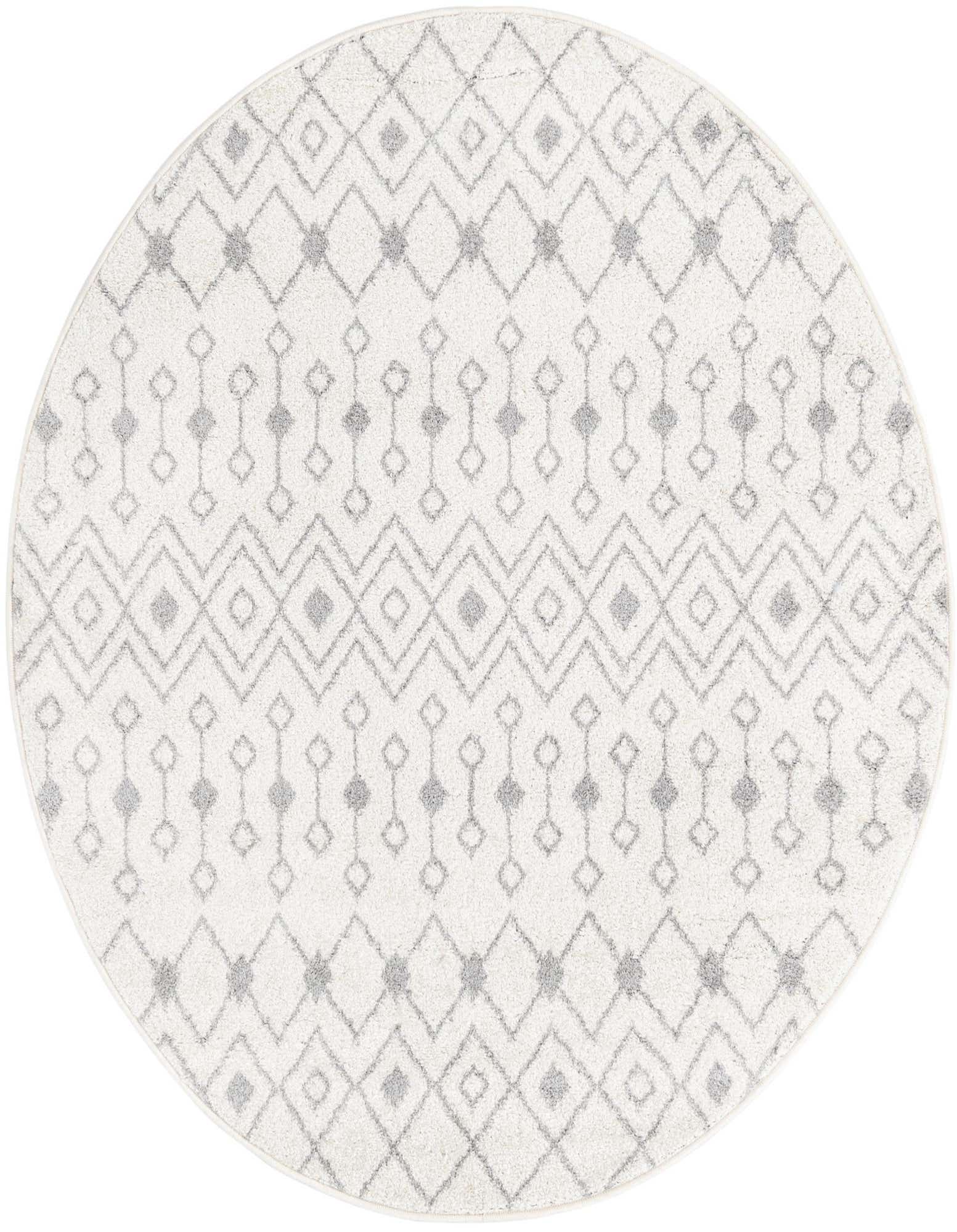 A round ivory and gray Moroccan Trellis rug with a geometric diamond pattern, suitable for a living room or bedroom.