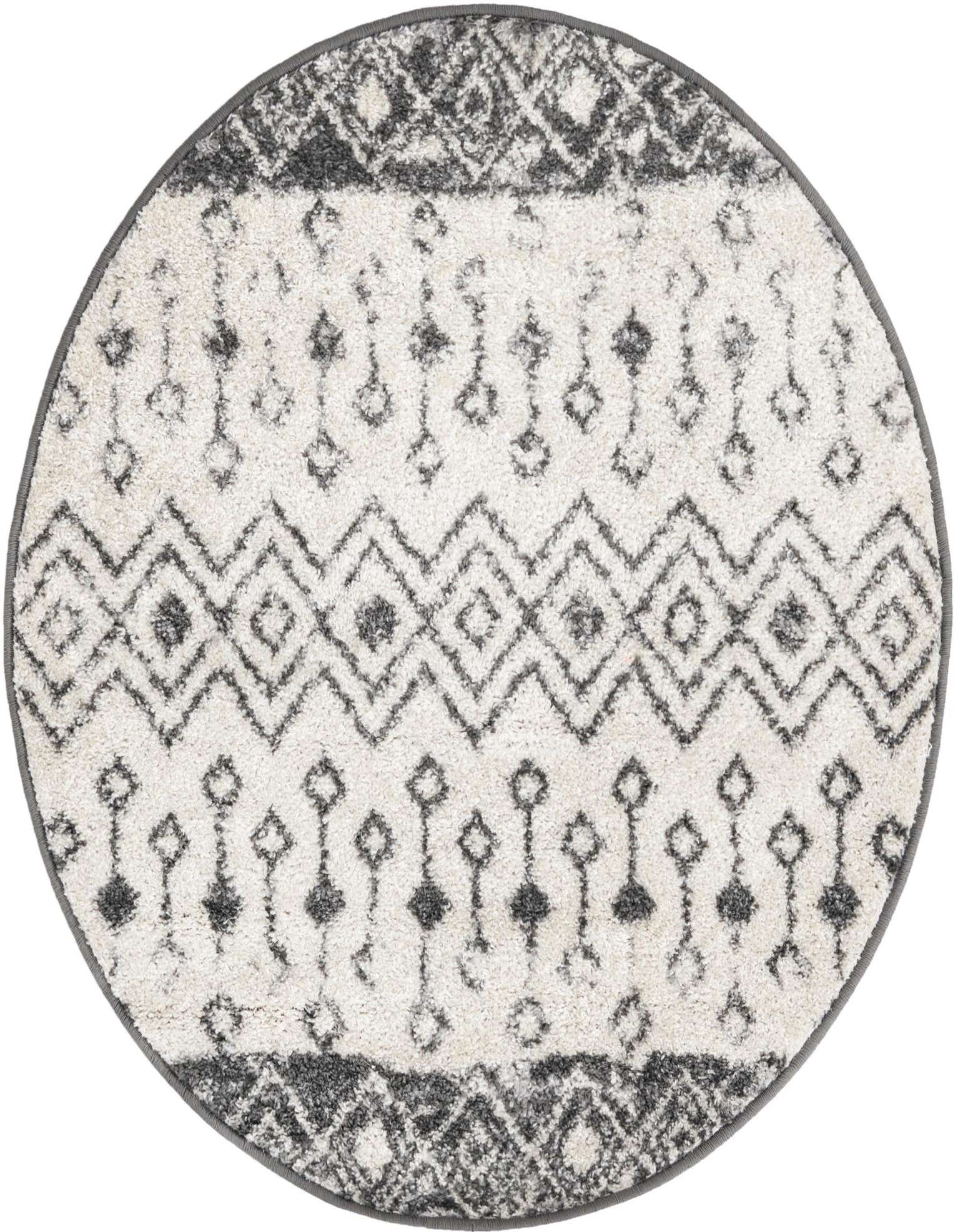 A round ivory and gray Moroccan Trellis rug with a bohemian tribal pattern, suitable for various indoor spaces.