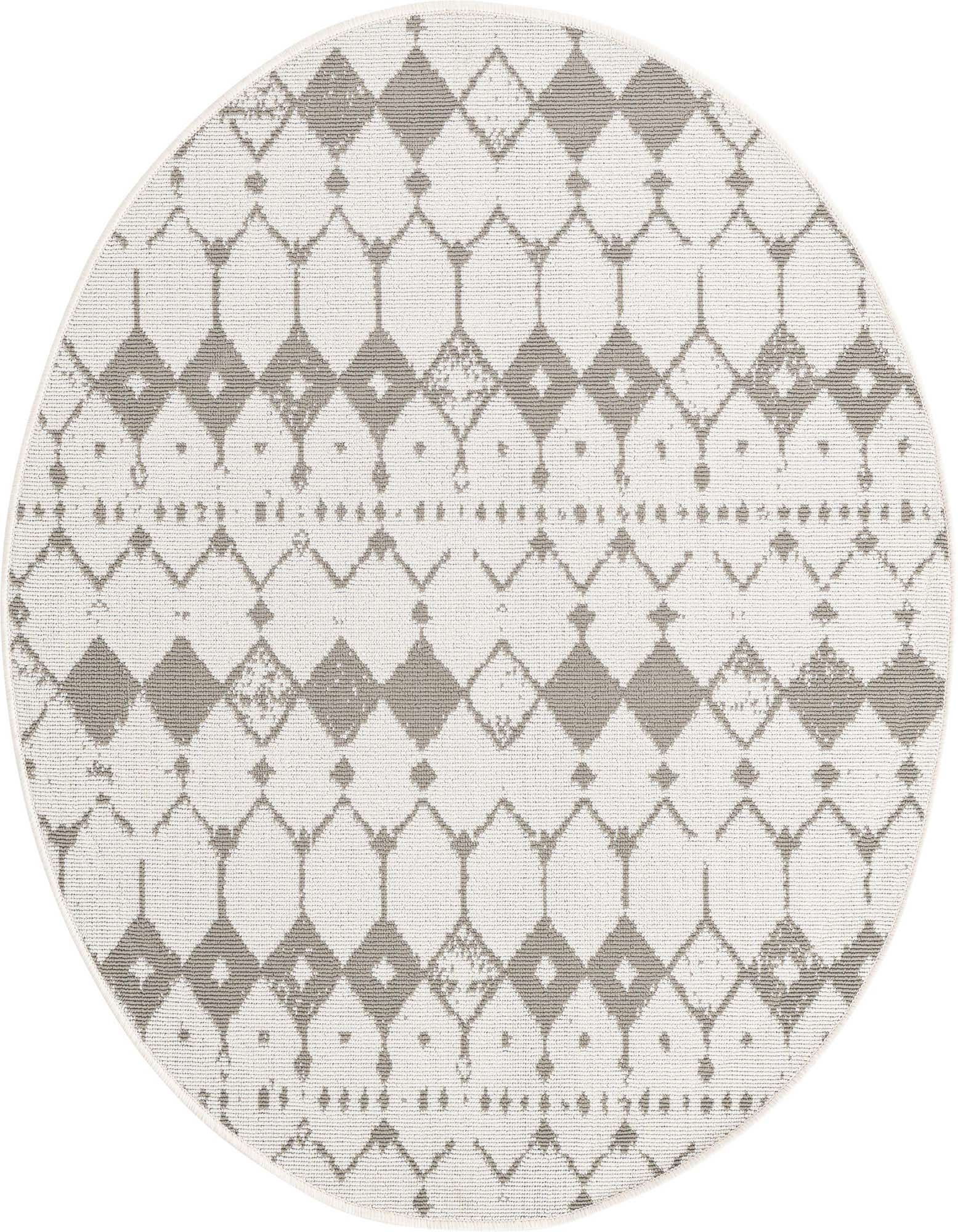 A round ivory and gray transitional flatweave rug with a distressed geometric lattice pattern, suitable for indoor or outdoor use.