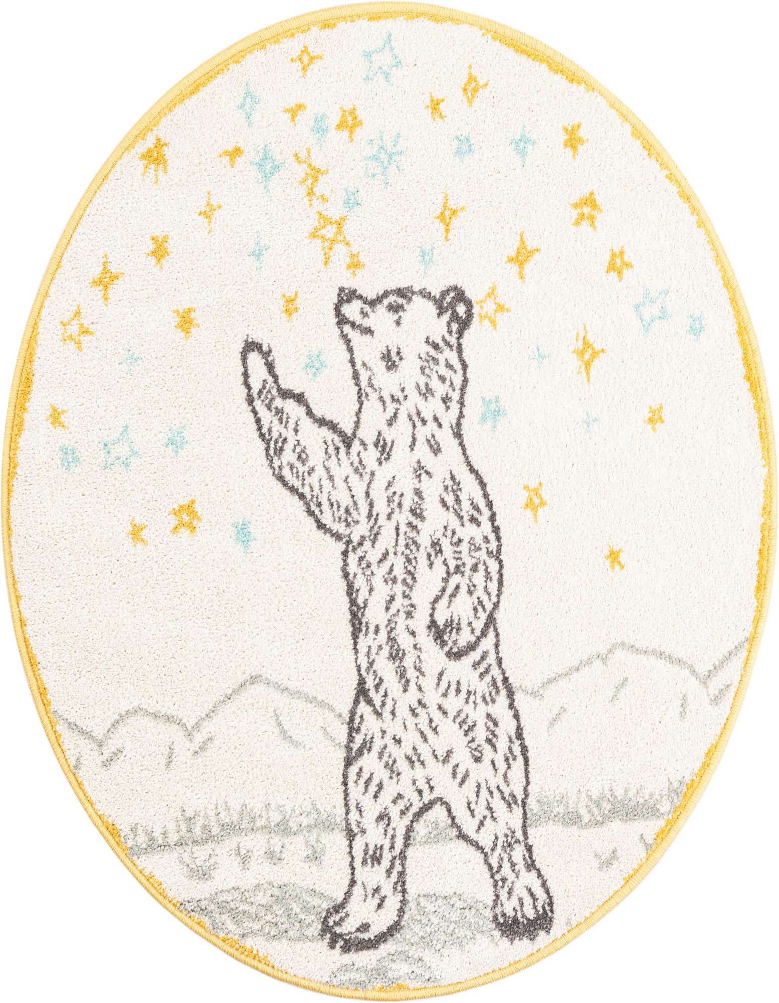 Round ivory rug with a gray bear reaching for yellow and blue stars, set against a mountain backdrop.