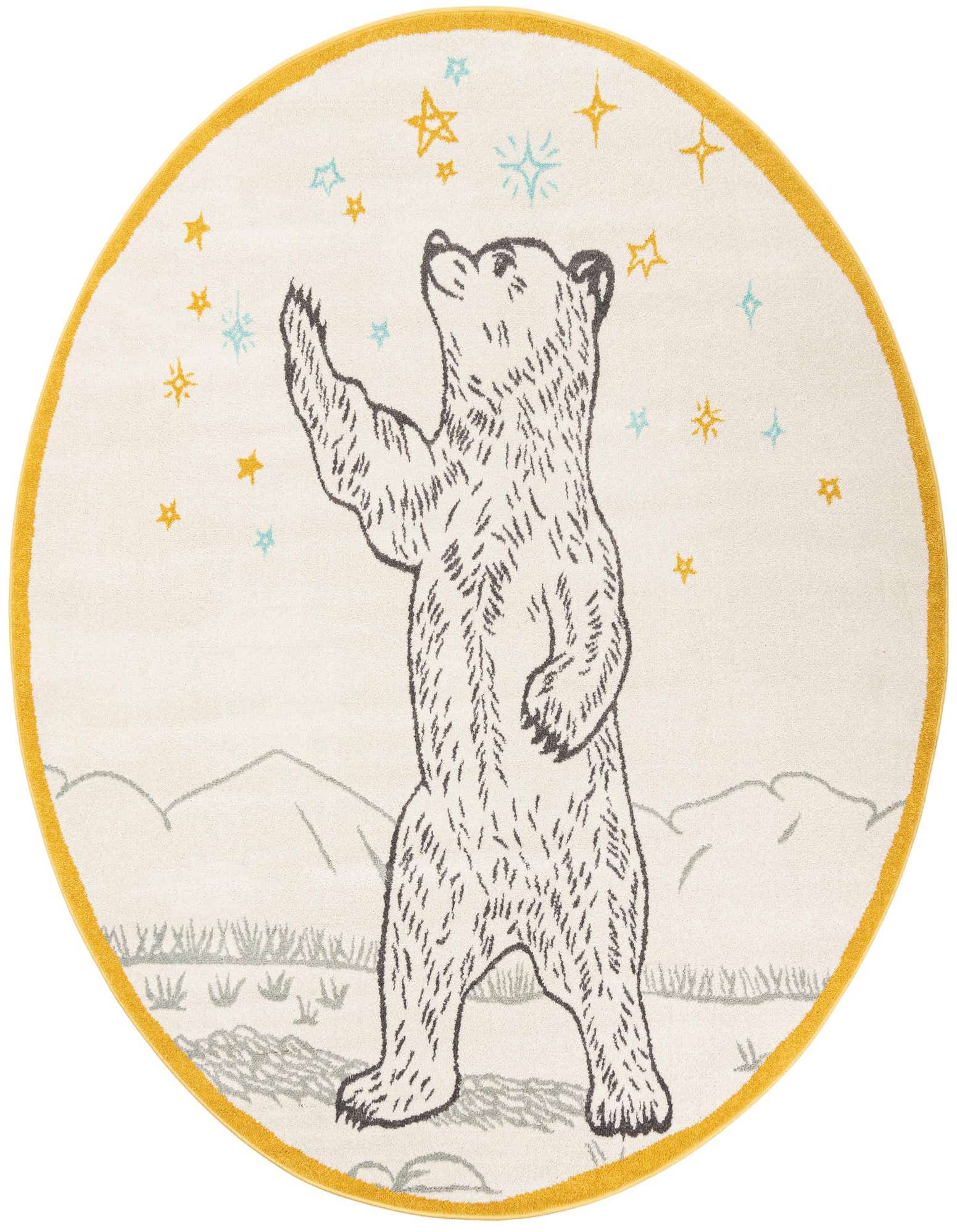 Round ivory rug featuring a playful bear reaching for yellow and blue stars, with a gold border, perfect for a child's room.