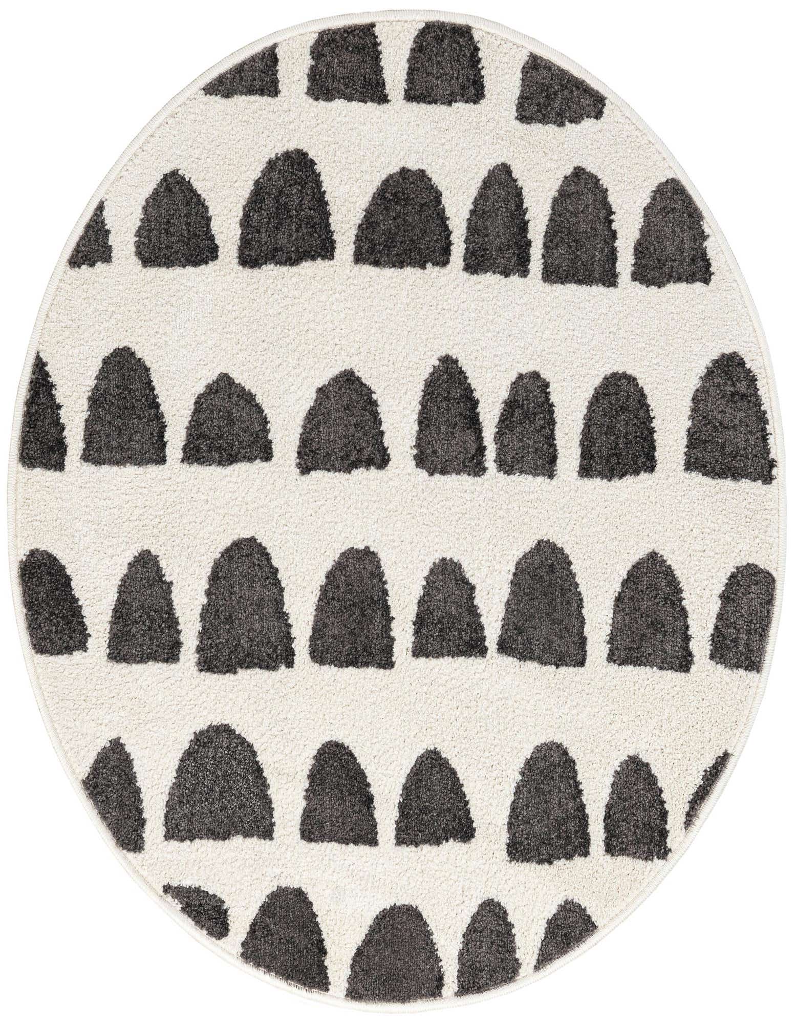 A 3' 3 round ivory rug with a modern pattern of charcoal gray half-circle shapes arranged in rows.