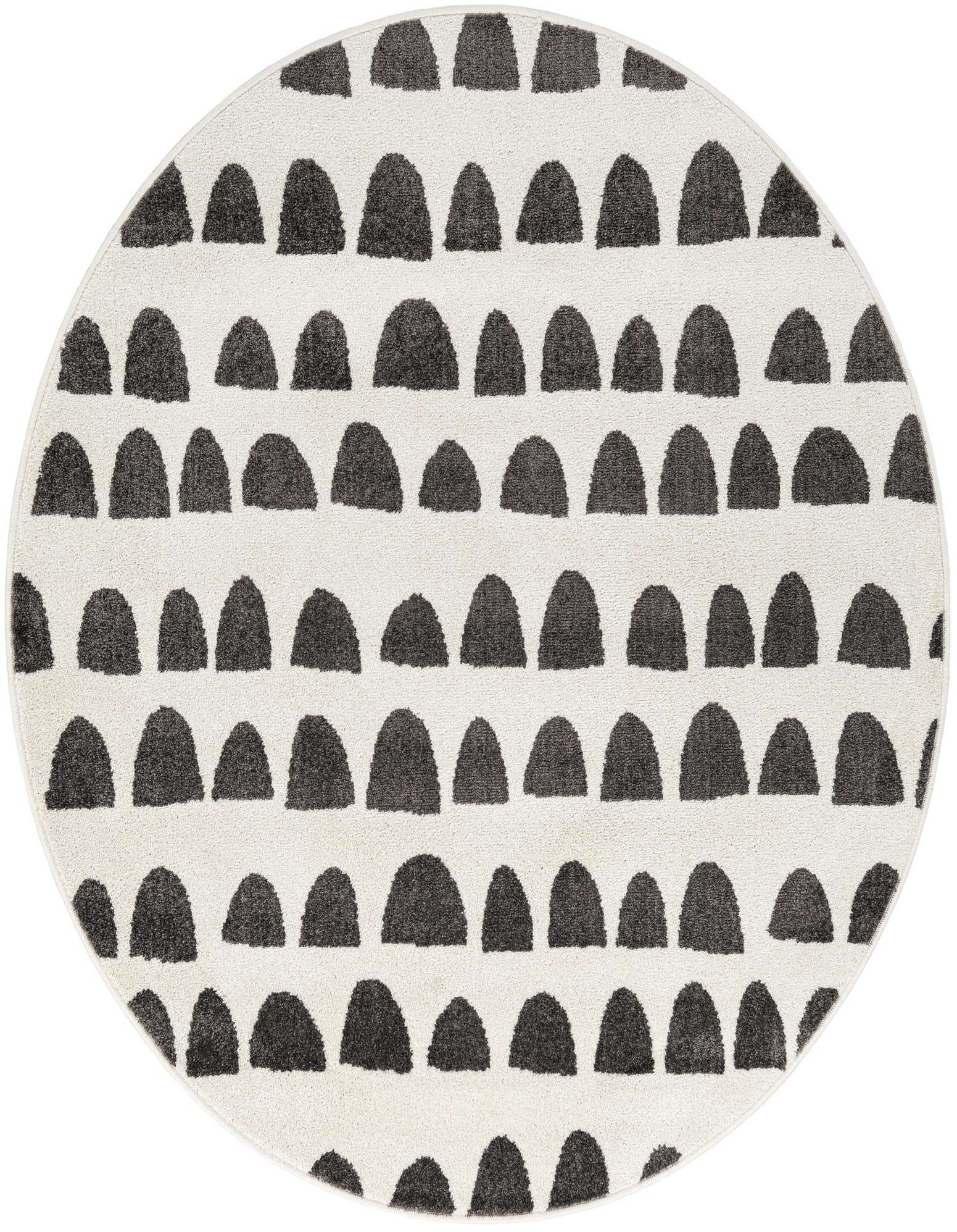 A 5' round ivory rug with a modern abstract pattern of charcoal gray half-circle shapes arranged in rows.