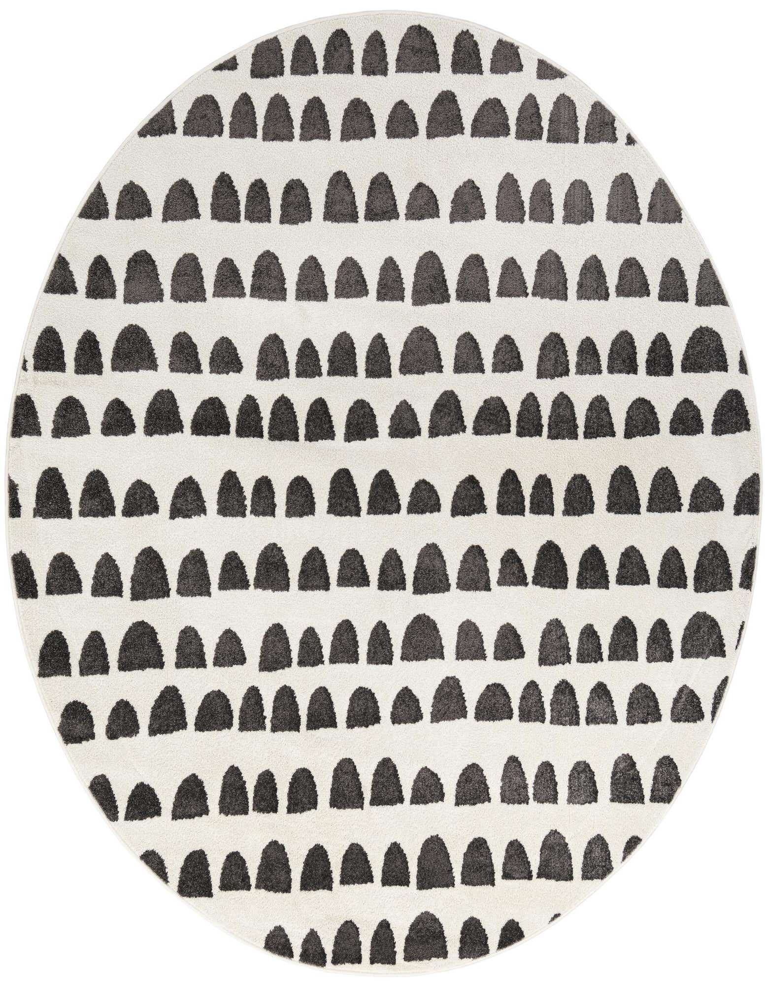 A round ivory and gray modern abstract rug featuring rows of half-circle patterns, perfect for a kids' room.