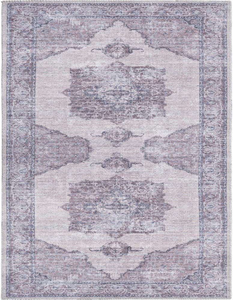 A 5 ft runner rug in ivory and gray with a distressed traditional medallion pattern, ideal for a hallway.
