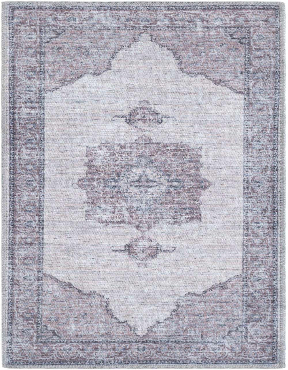 A 4 ft runner rug in ivory and gray with a distressed traditional medallion pattern, ideal for a hallway.