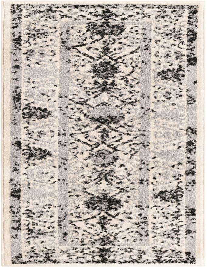 A 6 ft runner rug with a distressed traditional floral pattern in ivories, creams, grays, and blacks, ideal for a hallway or kitchen.