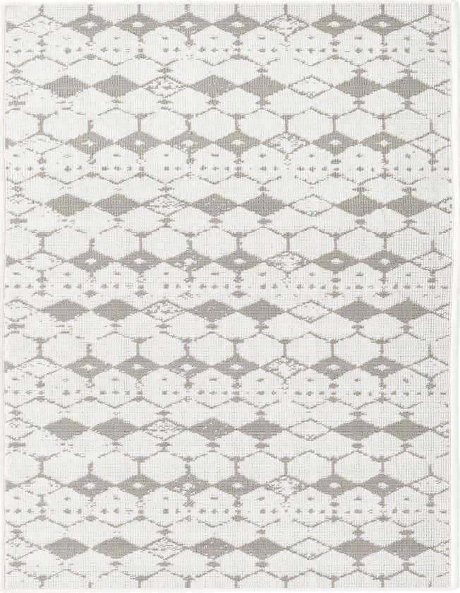 A 6 ft runner rug featuring an ivory background with a distressed gray geometric lattice pattern, suitable for indoor or outdoor use.