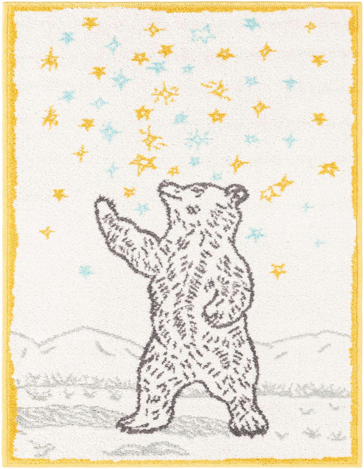 A white runner rug with a gray bear reaching up for yellow and blue stars, framed by a yellow border.