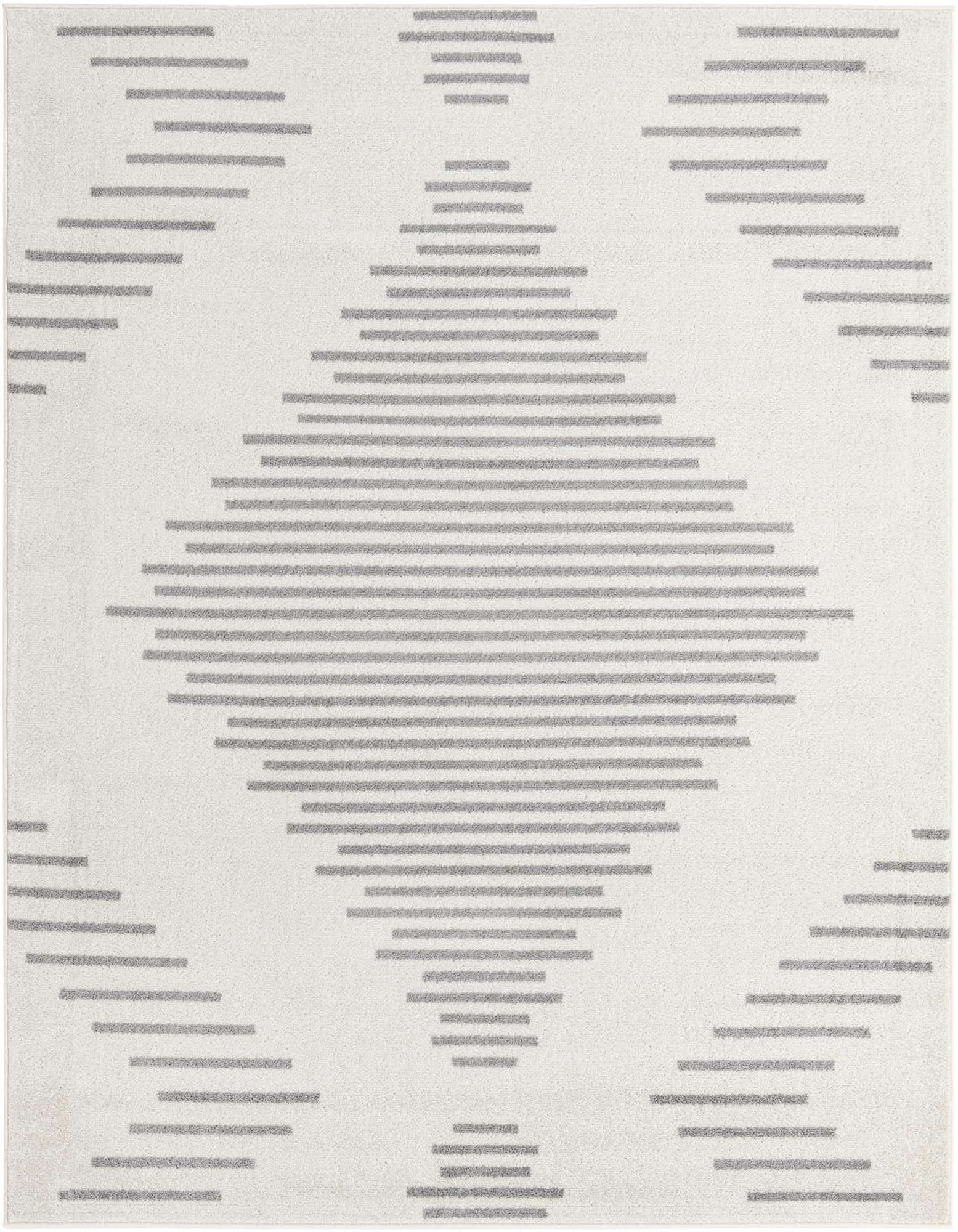 A 7'x7' square ivory rug with a modern geometric stripe pattern in light gray, suitable for a living room.