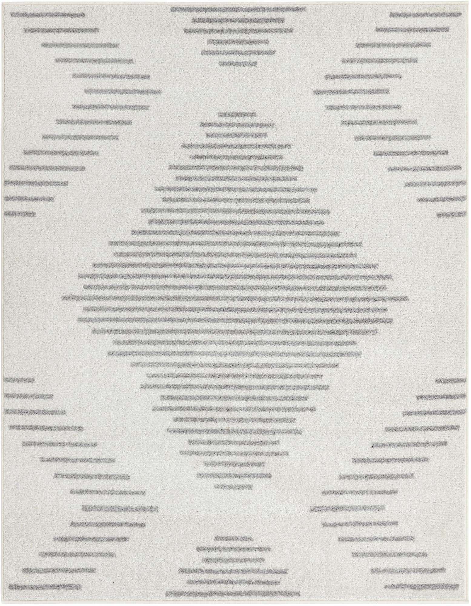 A 5' 3 x 5' 3 square ivory and gray rug with a modern striped pattern, suitable for various indoor spaces.