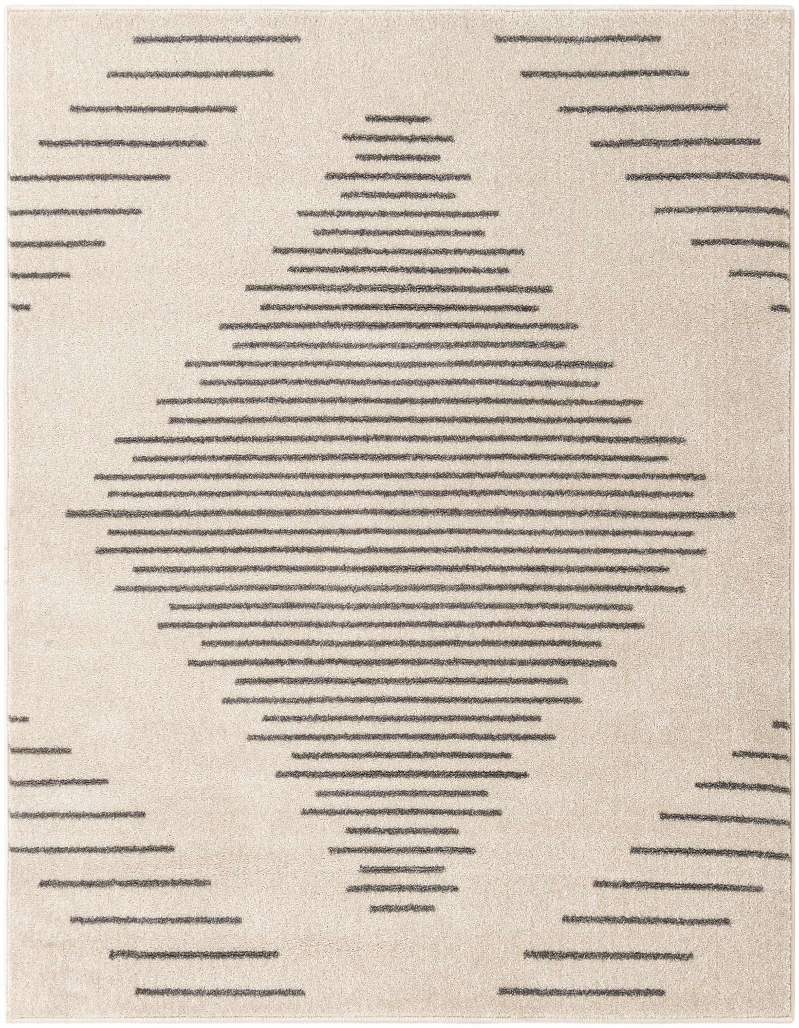 A square ivory and gray area rug featuring a modern geometric pattern of horizontal lines forming a large central diamond.