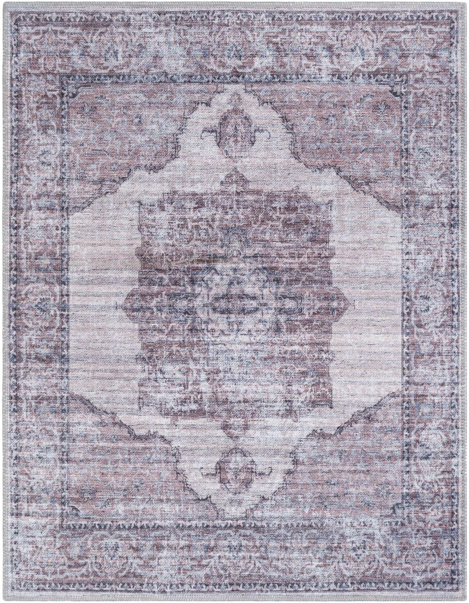 A 3' 3 x 3' 3 square ivory and gray traditional medallion rug with a vintage, distressed look.