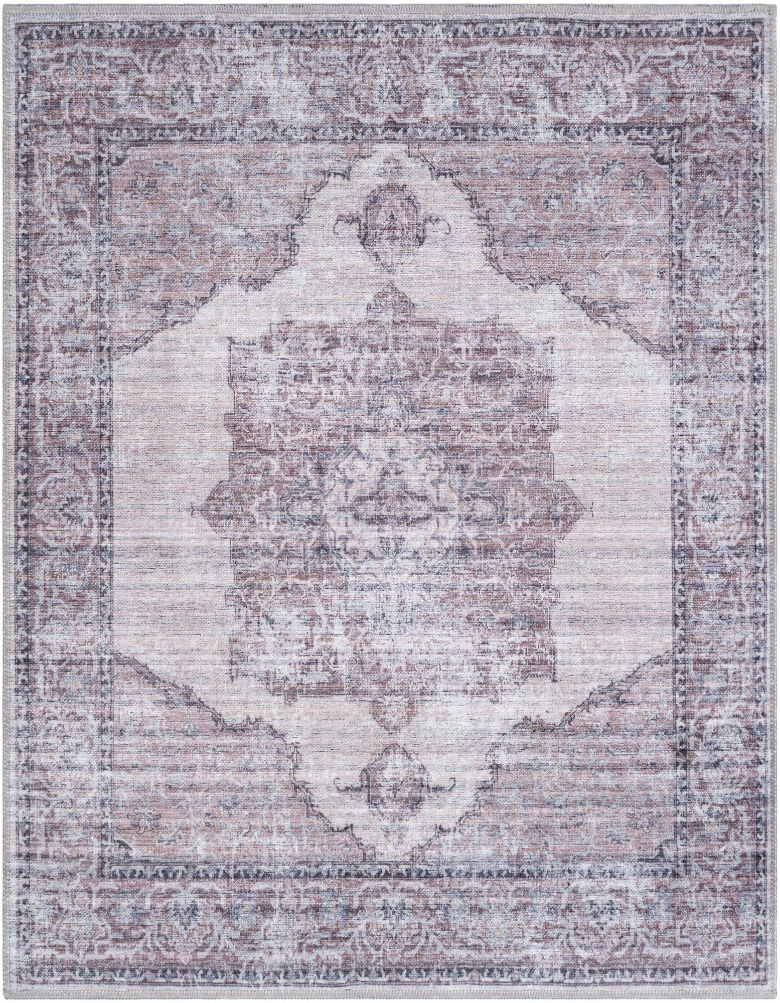 A 4'x4' square ivory and gray traditional medallion rug with a distressed vintage look, suitable for an indoor space.