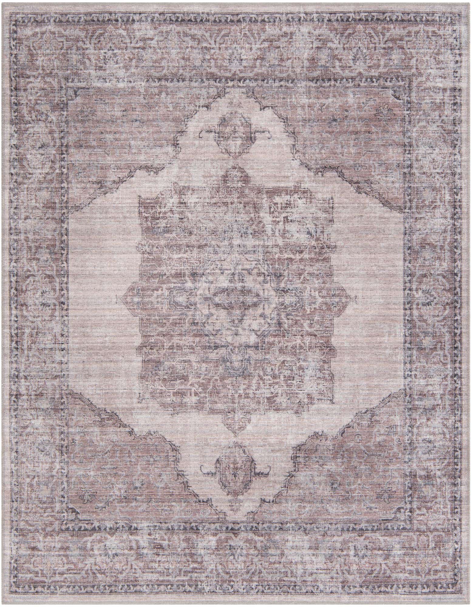 A 6'x6' square Mangata rug in ivory, cream, and gray, featuring a faded traditional medallion pattern and a flat, textured pile.