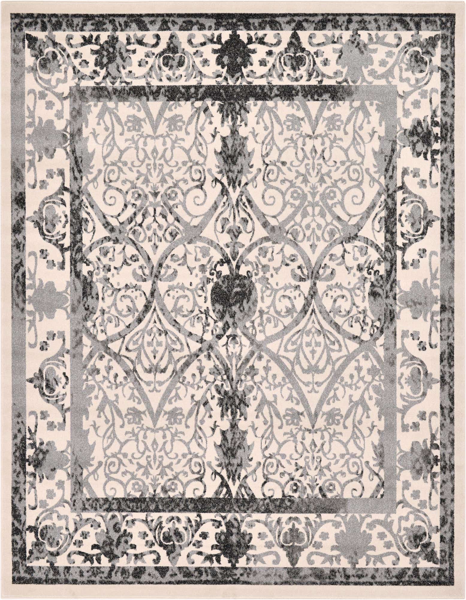 A 10' 0 x 10' 0 square ivory rug with a traditional gray and silver botanical pattern and border.
