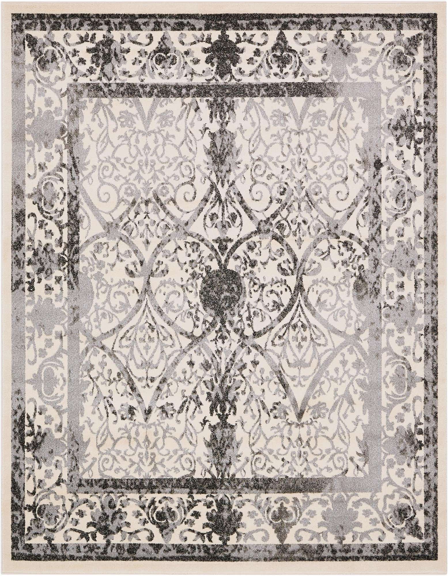 A square ivory and gray traditional area rug featuring a distressed floral medallion pattern and ornate border.