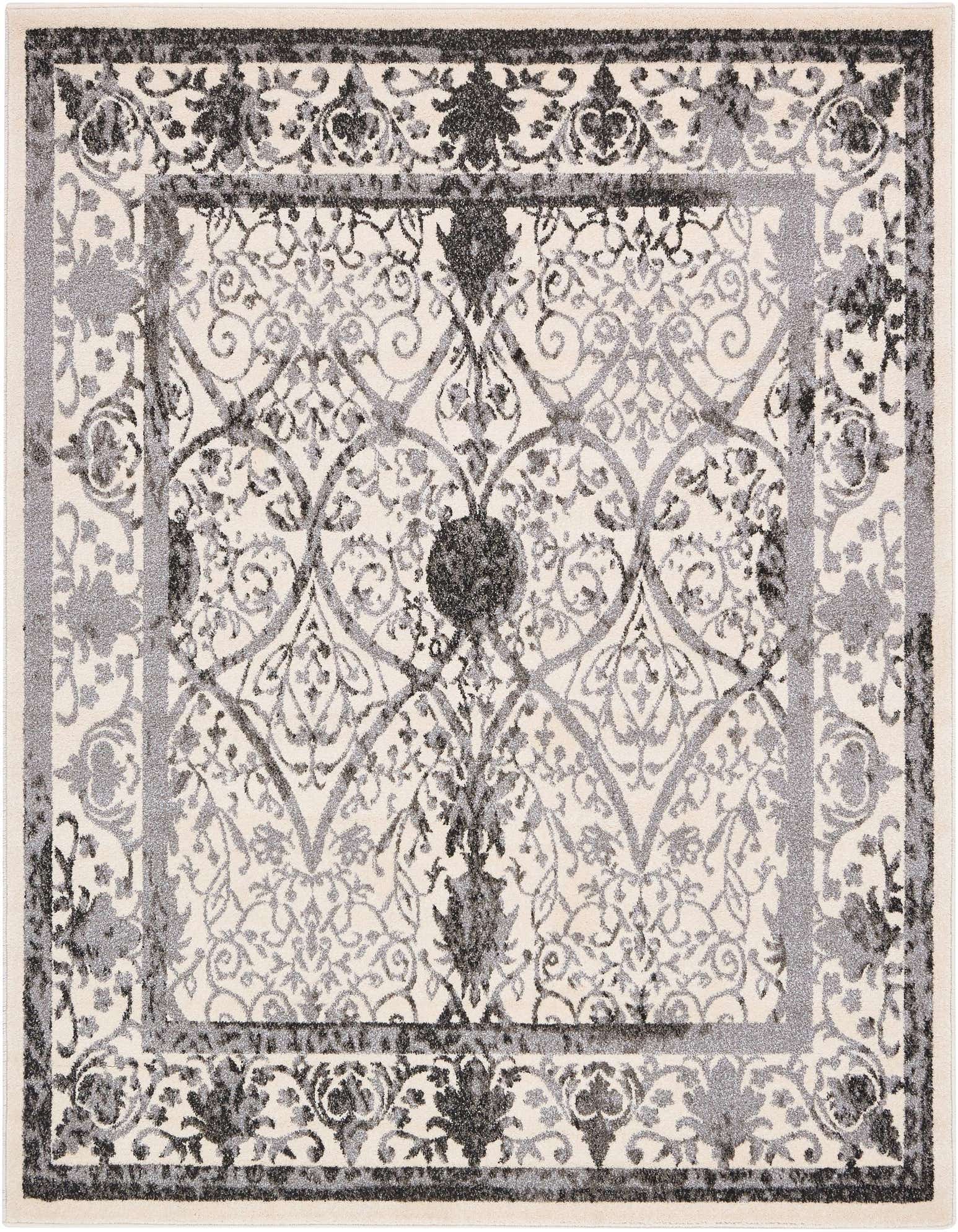 A 6'x6' square ivory and gray traditional area rug with an intricate floral and botanical pattern.