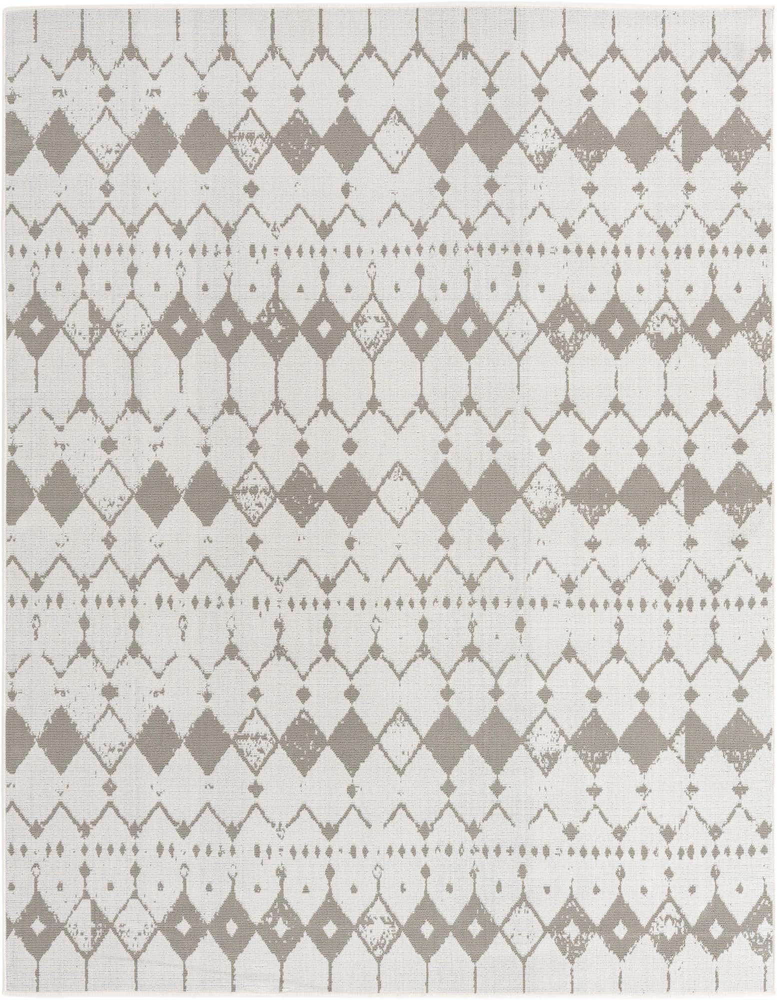 A 7' 10 x 7' 10 square ivory and gray transitional rug with an abstract lattice pattern, suitable for indoor or outdoor use.