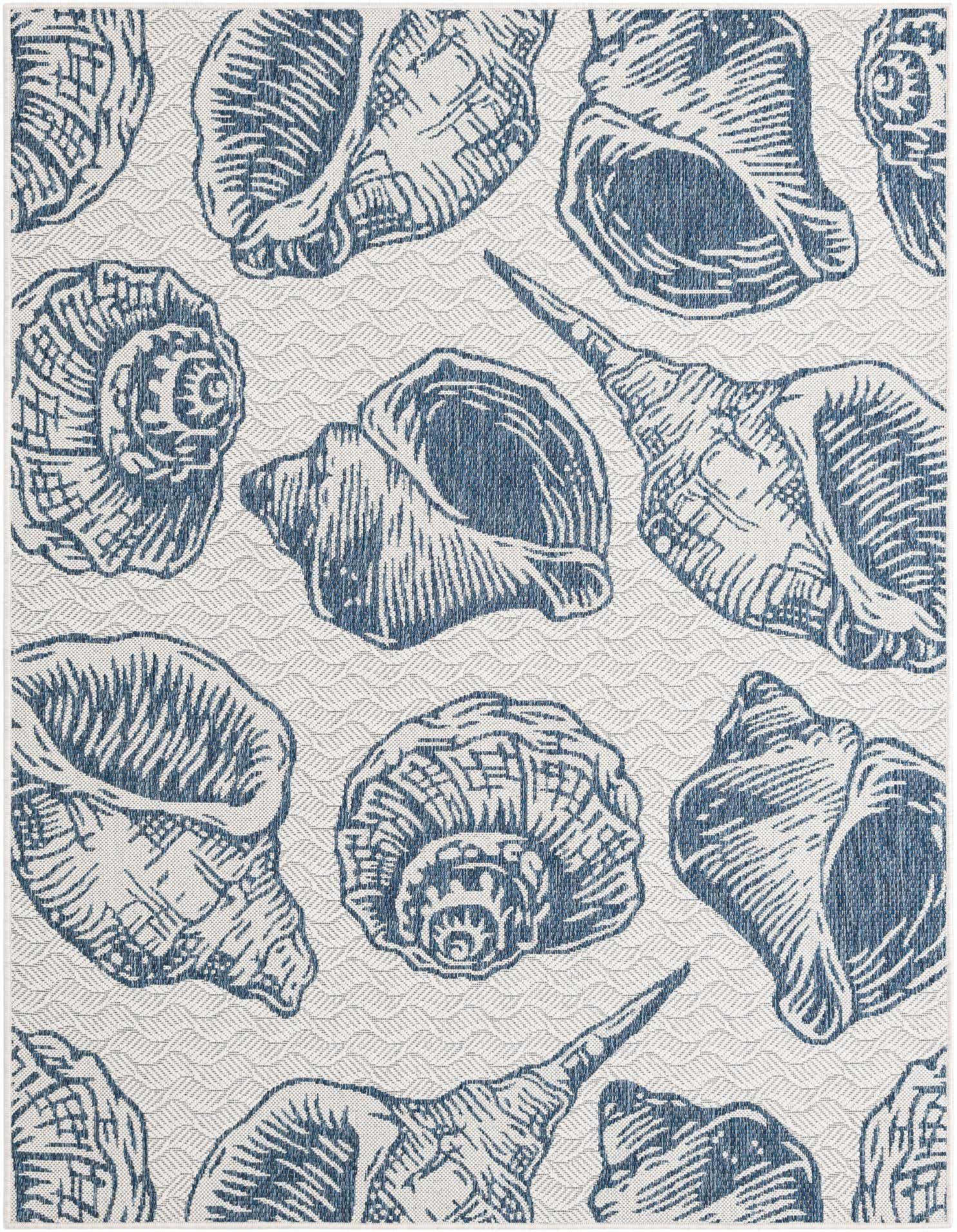 A 5x7 rectangular indoor/outdoor rug featuring an array of blue and ivory seashell patterns on a textured flatweave.