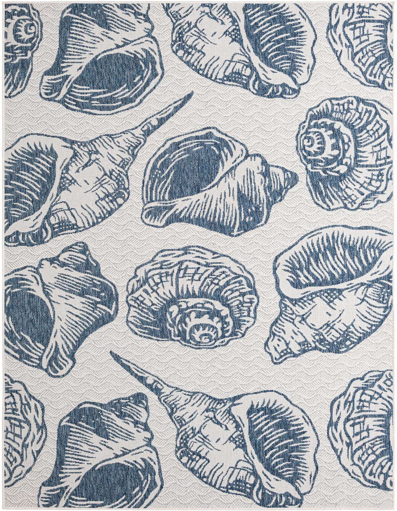 A 6x9 rectangular blue and ivory coastal rug featuring various seashell patterns, ideal for indoor or outdoor spaces.