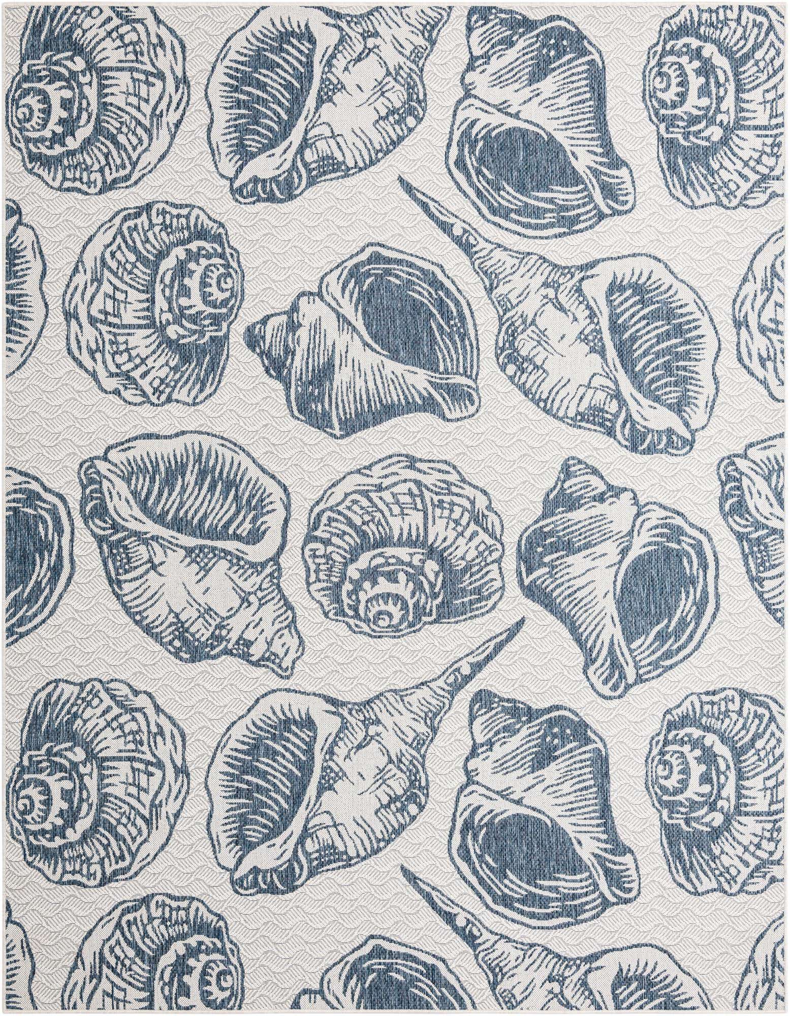 An 8x10 rectangular indoor/outdoor rug featuring a repeating pattern of various blue seashells on an ivory background.