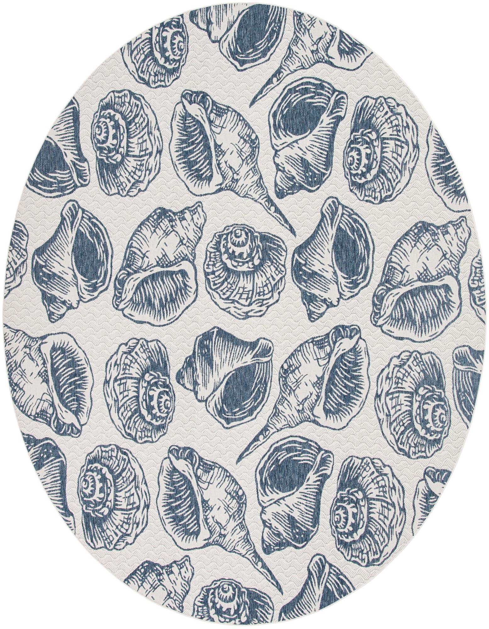 Round indoor/outdoor rug with a repeating pattern of various blue seashell illustrations on an ivory background.