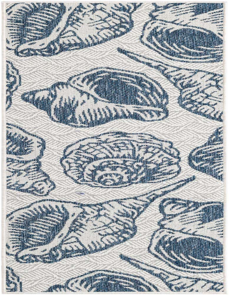 A 5 Ft Runner rug from the Outdoor Coastal collection featuring a blue and ivory seashell pattern on a flatweave texture.