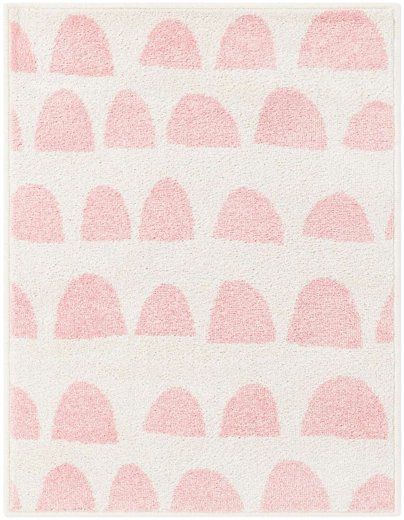 A 2x3 rectangular ivory rug with a modern abstract pattern of light pink half-circle shapes, ideal for a kids' room.