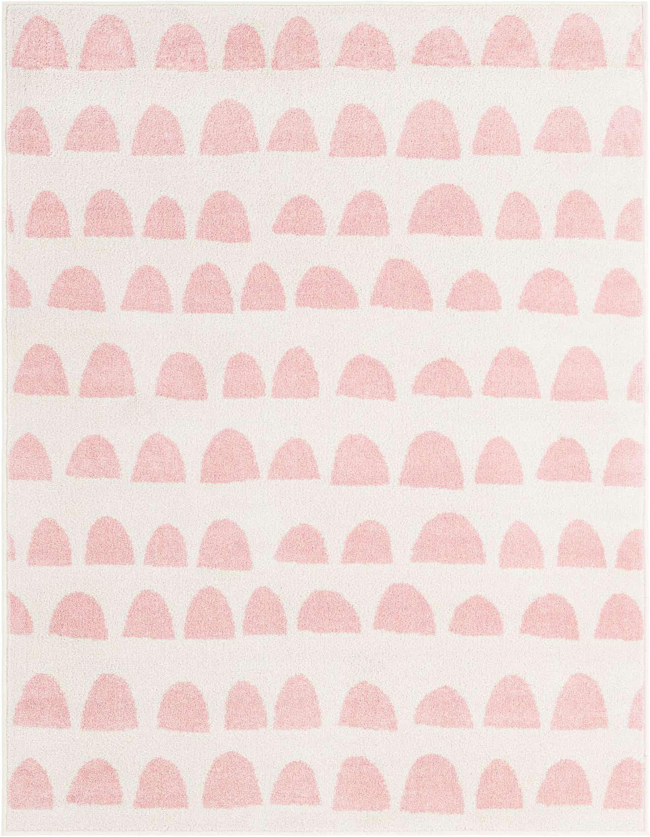A 4x6 rectangular ivory rug with a modern abstract pattern of light pink half-circle shapes arranged in rows.