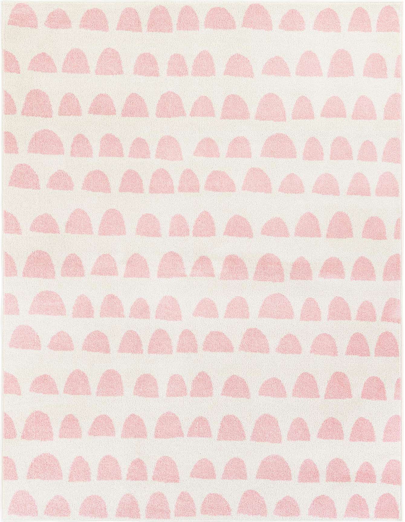 A 5x8 rectangular ivory area rug with a modern abstract pattern of light pink half-circle shapes arranged in rows.