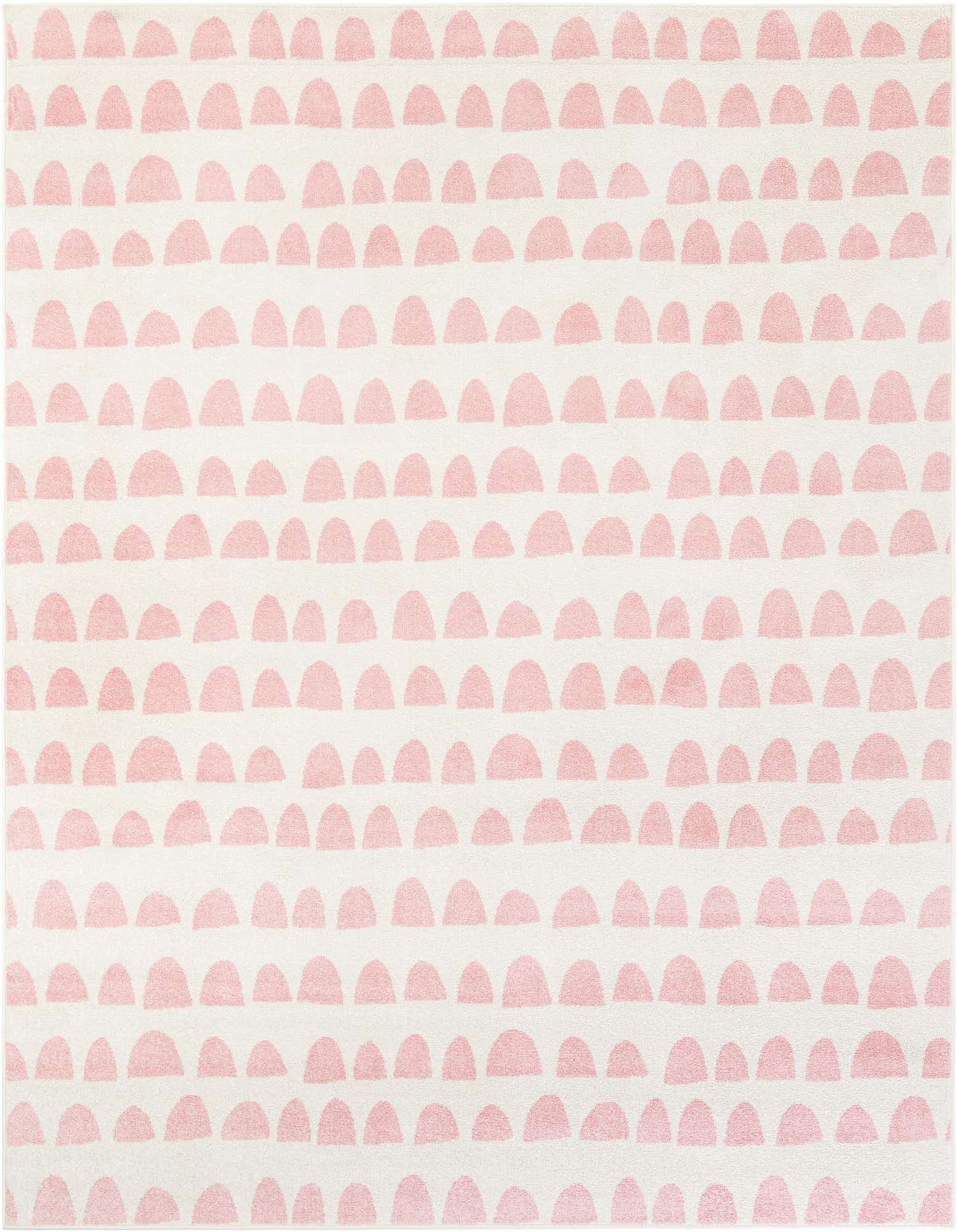 An 8x10 rectangular ivory rug with a modern abstract pattern of repeating pink half-circle shapes, ideal for a child's bedroom or playroom.