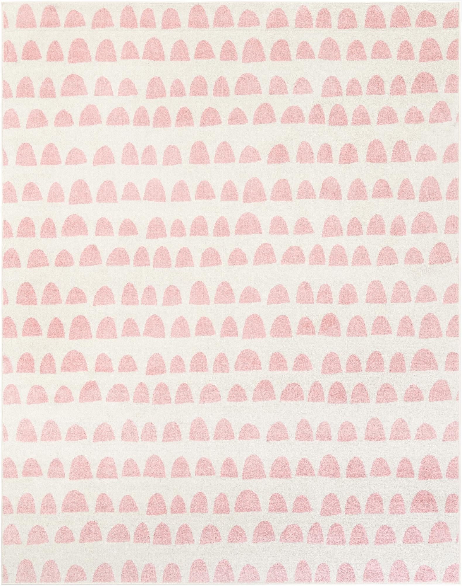 An 8x10 rectangular ivory rug with a modern abstract pattern of repeating pink half-circle shapes, ideal for a child's bedroom or playroom.