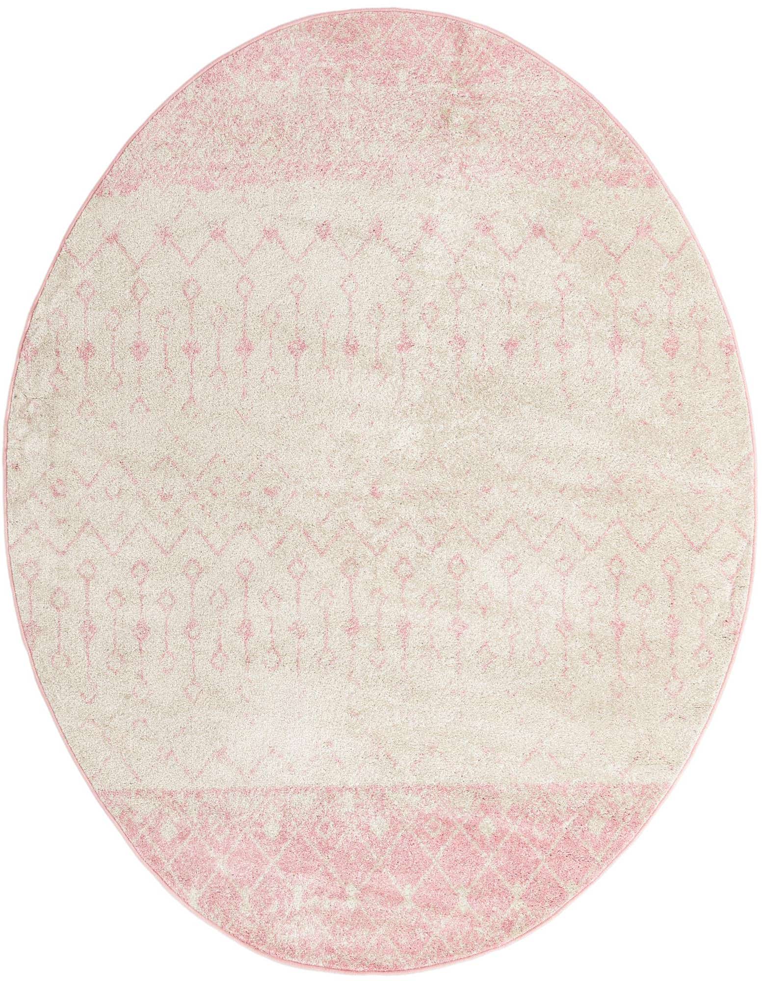 A round ivory and pink Moroccan Trellis rug with a bohemian pattern, perfect for a child's room.