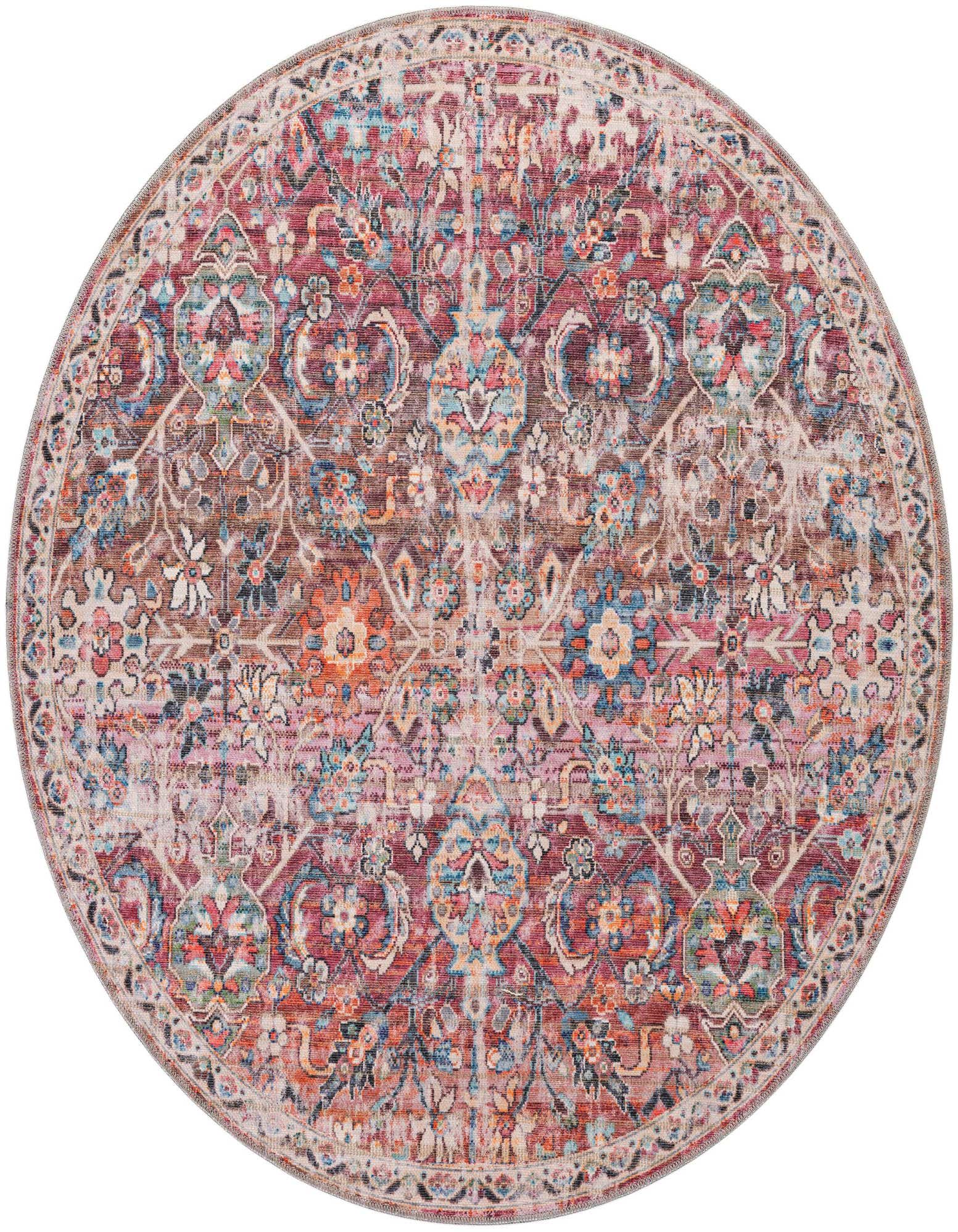 A 5' 3 round rug featuring an ornate, distressed floral pattern in ivories, creams, pinks, and blues on a rich red background.