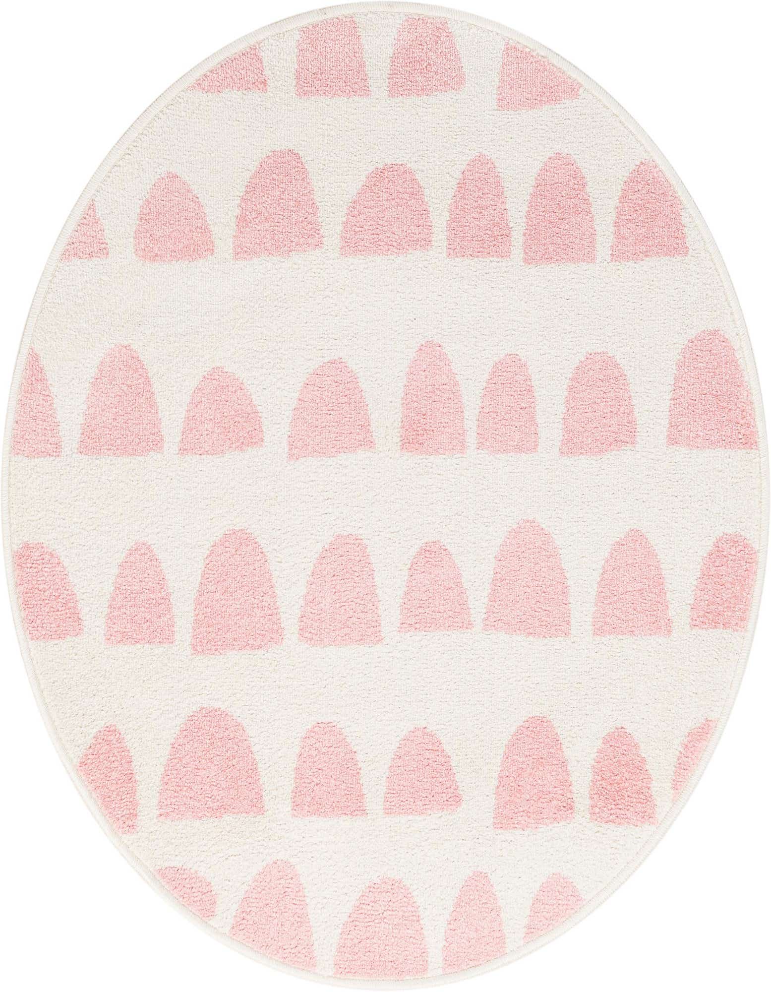 A round ivory rug with a repeating pattern of light pink half-circle shapes, ideal for a child's room.