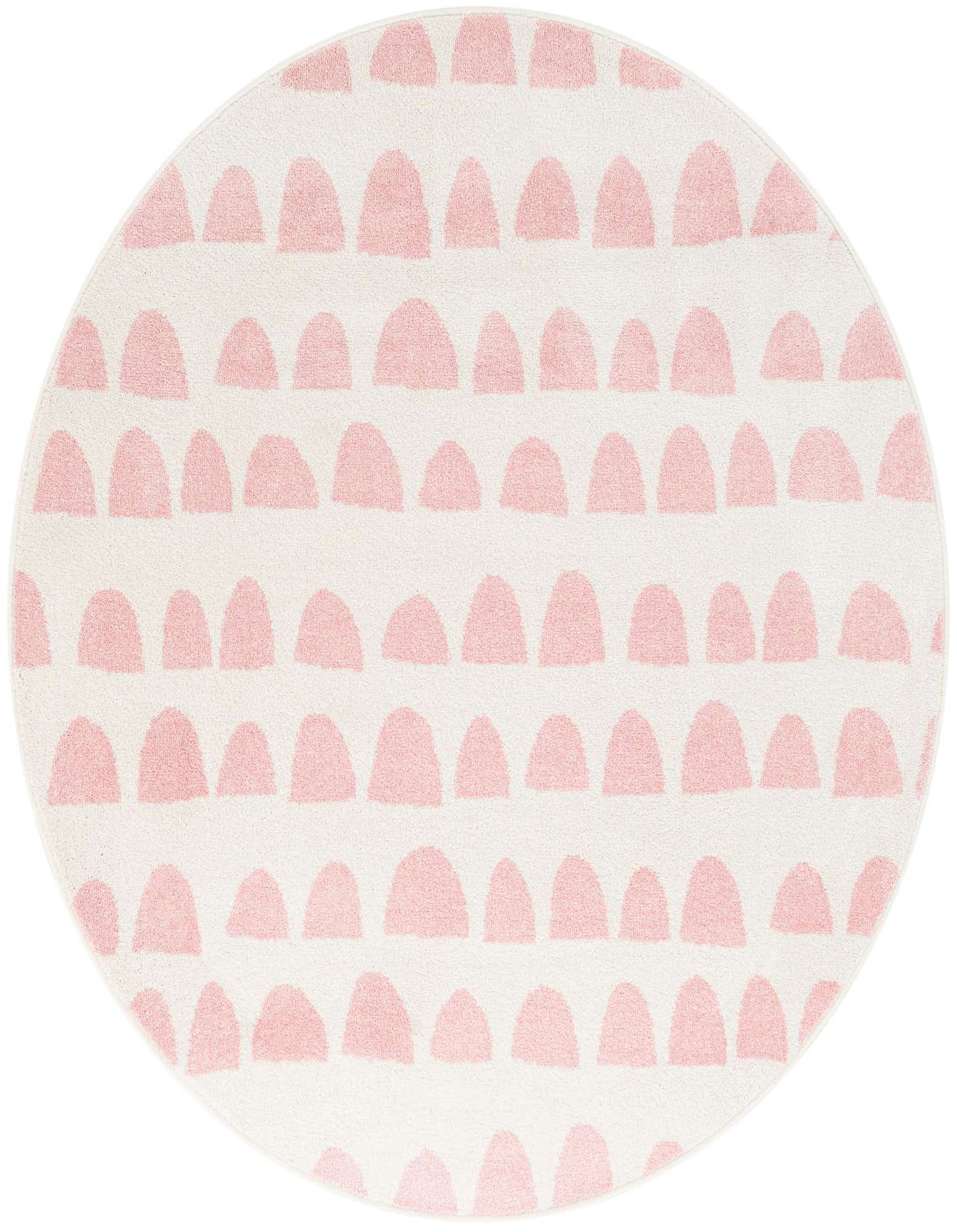 A 5' round ivory rug with a modern abstract pattern of light pink half-circle shapes, suitable for a child's room.