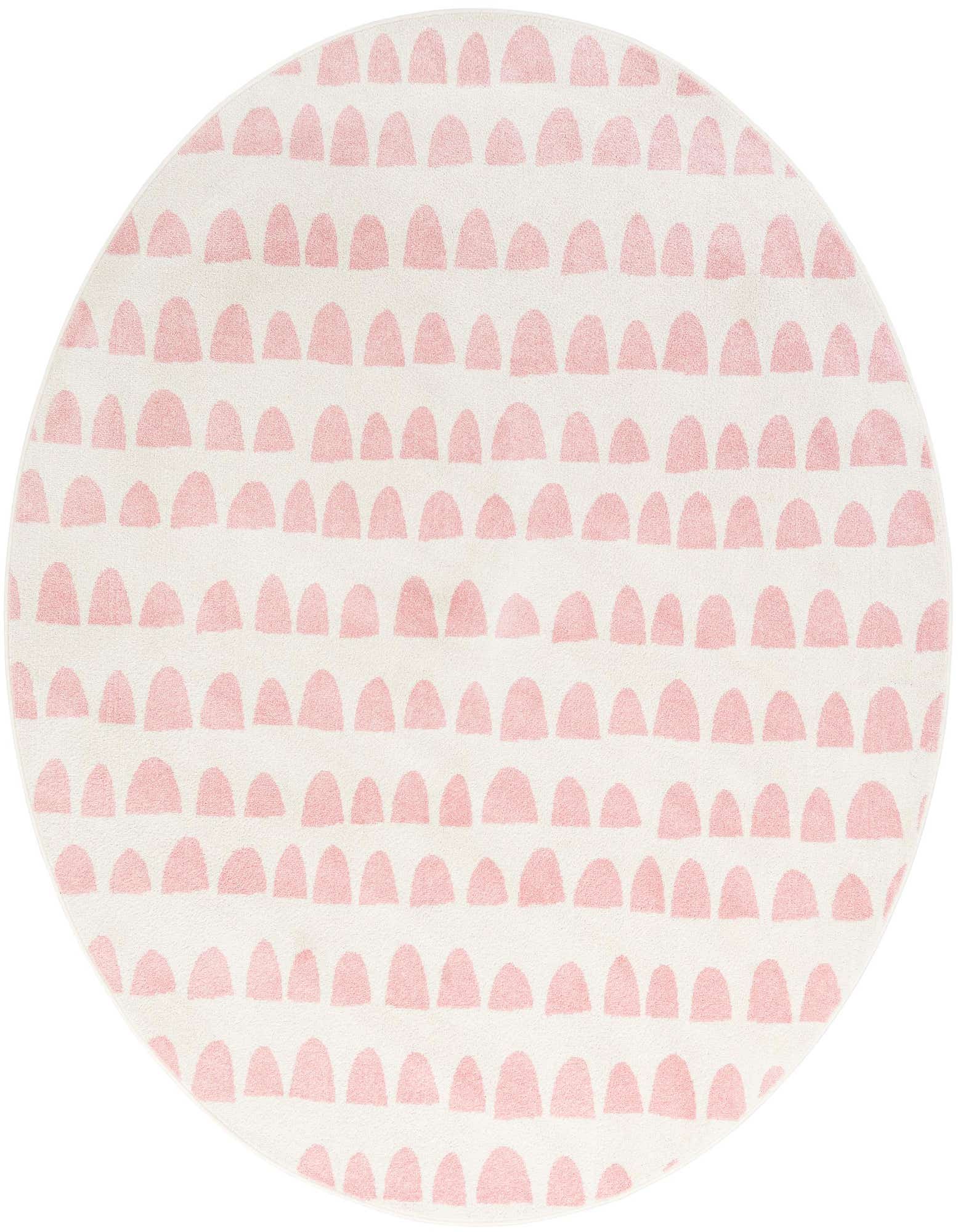 A round ivory and pink modern area rug with an abstract, repeating half-circle pattern, perfect for a child's room.