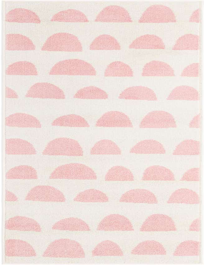 A 6 ft runner rug with a modern abstract pattern of light pink half-circles on an ivory background.