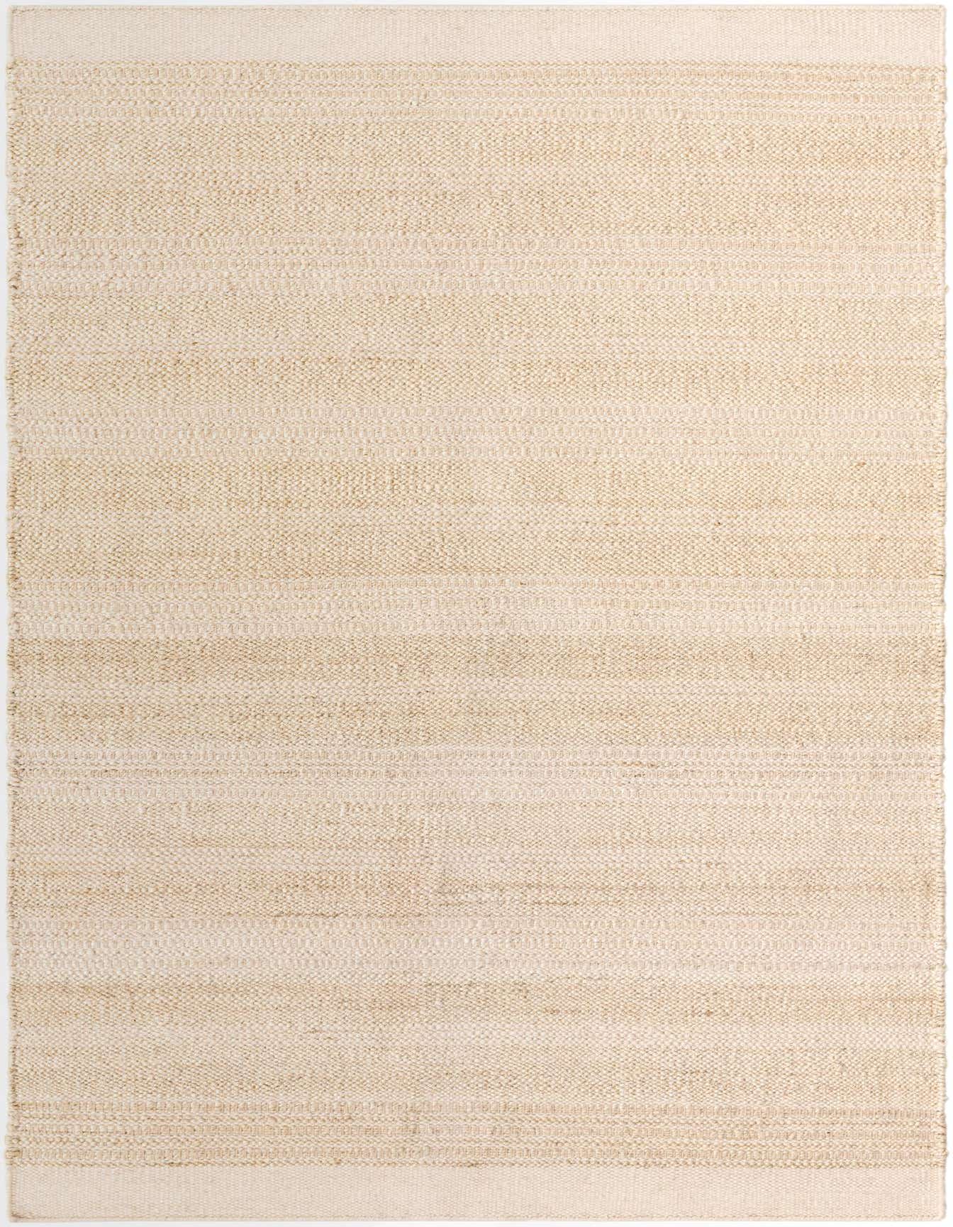 A 5x8 rectangular Lariat rug in ivory and white, featuring a textured stripe pattern and flatweave construction.