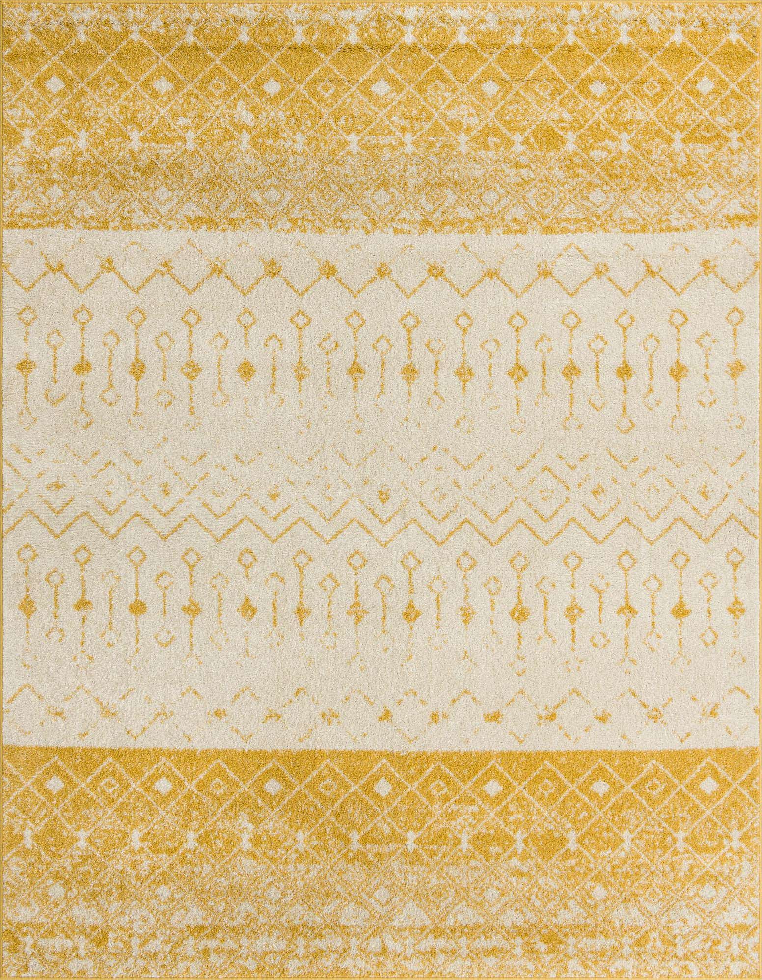 An 8x10 rectangular ivory and gold bohemian rug with distressed tribal patterns, ideal for a living room.