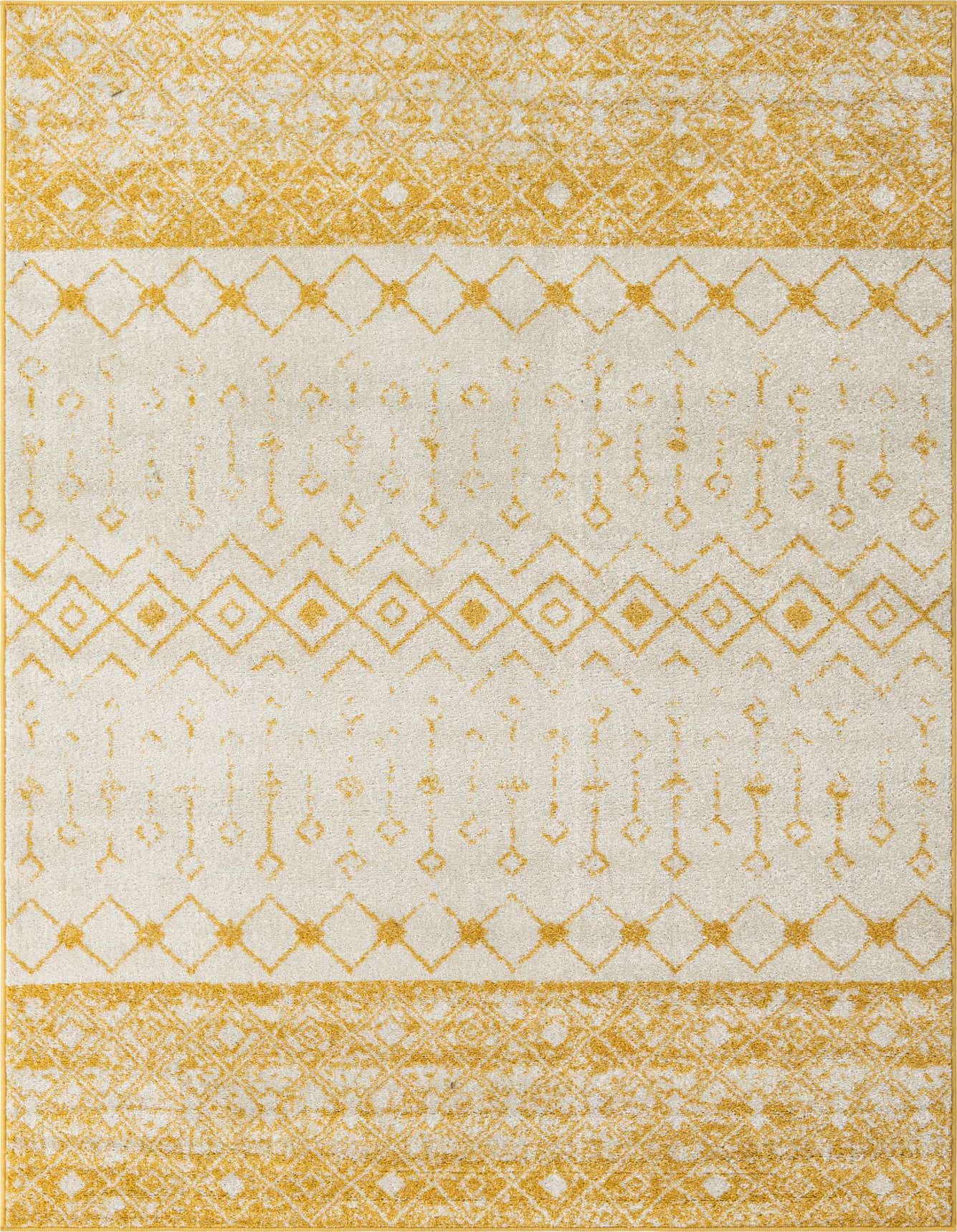 A 6x9 rectangular ivory and gold bohemian rug with a tribal trellis pattern, ideal for a living room.