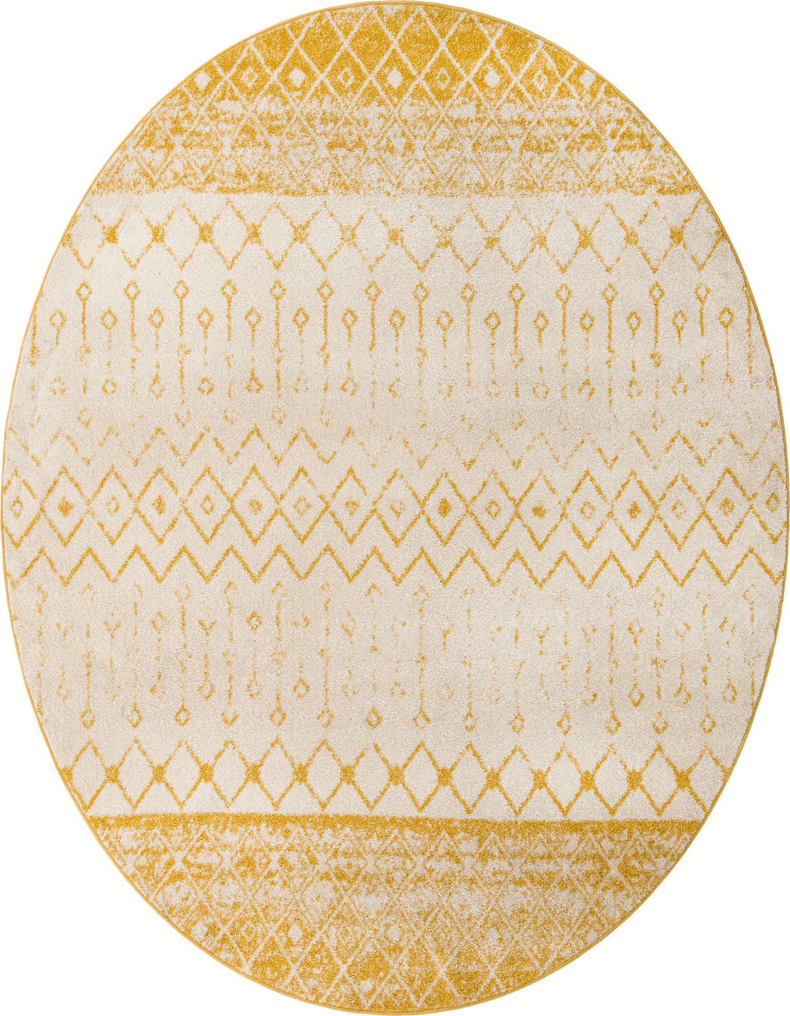 A round 10' ivory and gold Bohemian rug with a distressed tribal trellis pattern, ideal for a living room or bedroom.