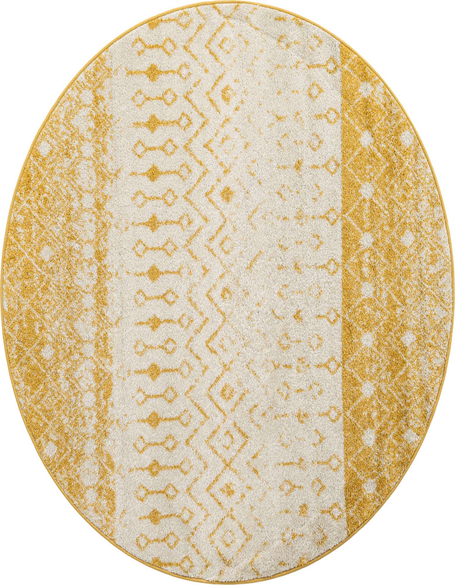 A 6-foot round ivory and gold Moroccan Trellis rug with a tribal geometric pattern, featuring distressed gold bands.