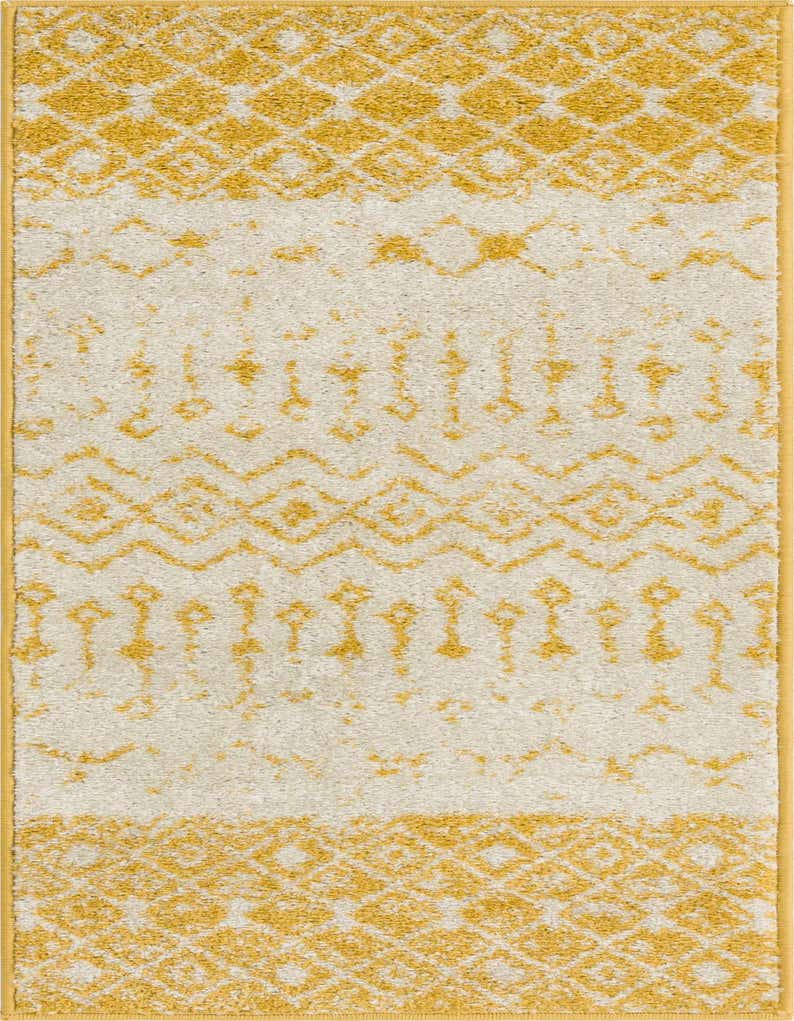 A 5 ft runner rug with a cream background and a distressed yellow tribal pattern, featuring diamond and zigzag motifs, perfect for a hallway.