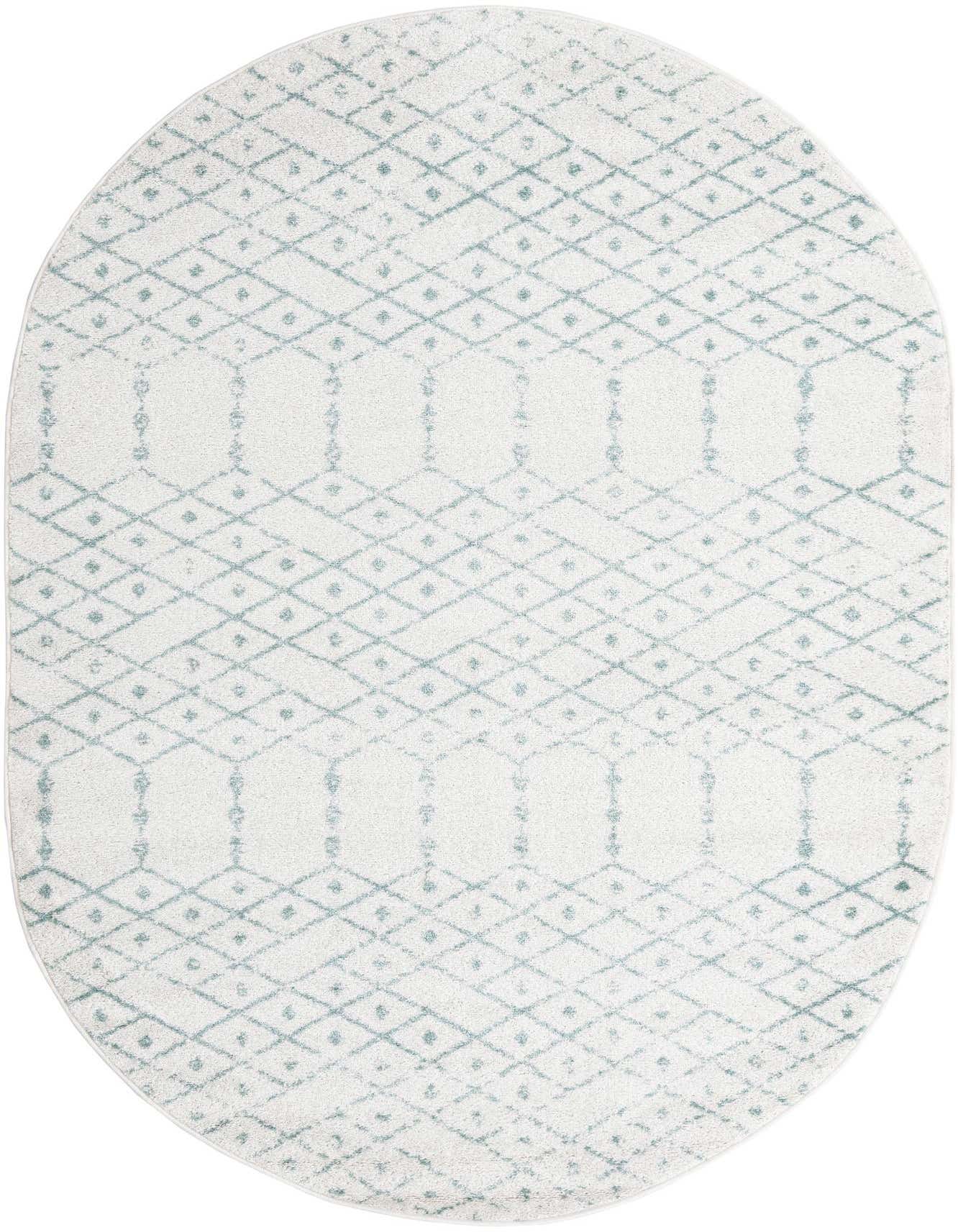 An oval 5' 3 x 8' 0 Paxon Trellis rug featuring a modern tribal pattern of blue diamonds and vertical trellis designs on an ivory background.
