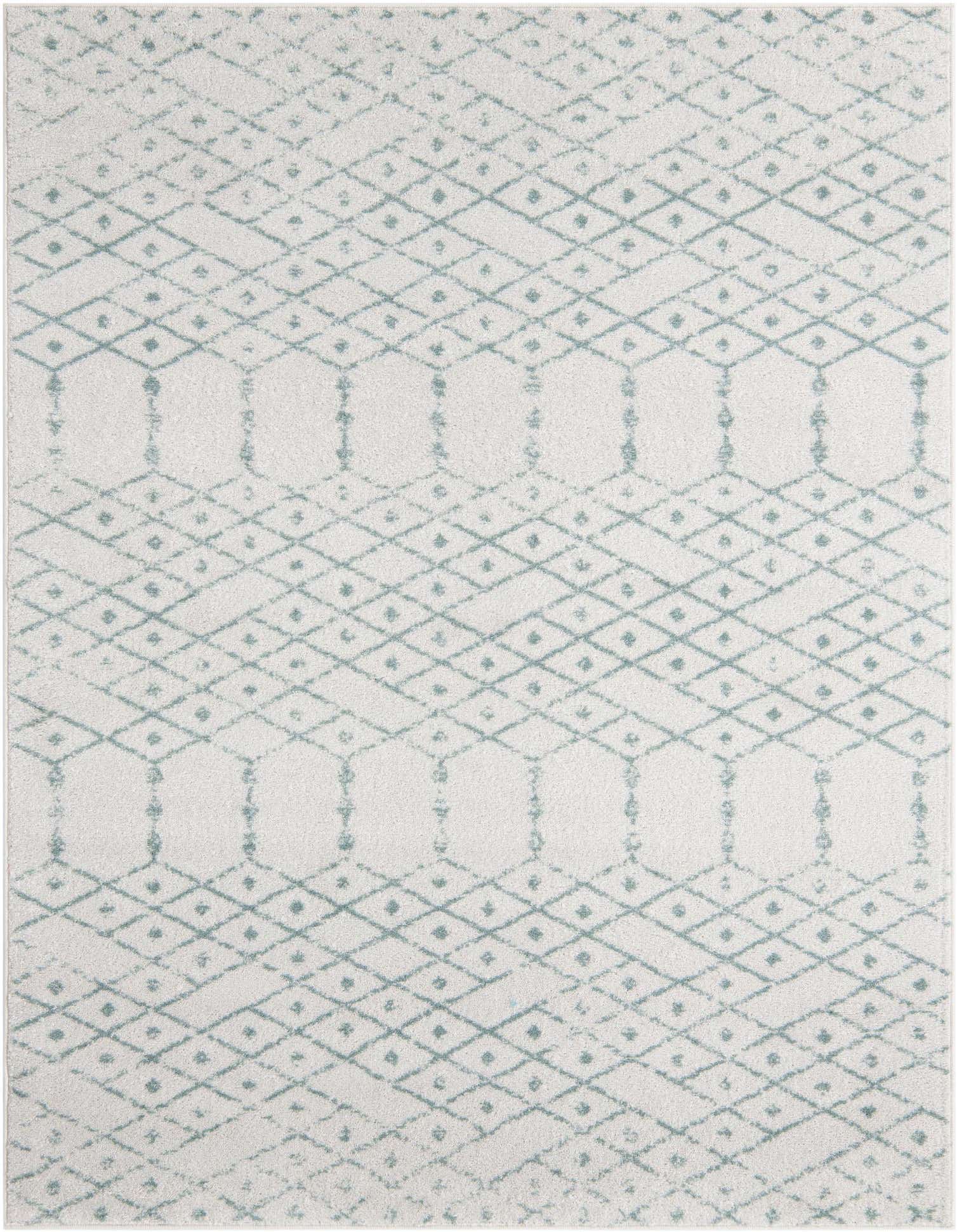 A 9x12 rectangular Paxon Trellis rug featuring a modern tribal pattern of blue diamonds and trellis shapes on an ivory background.