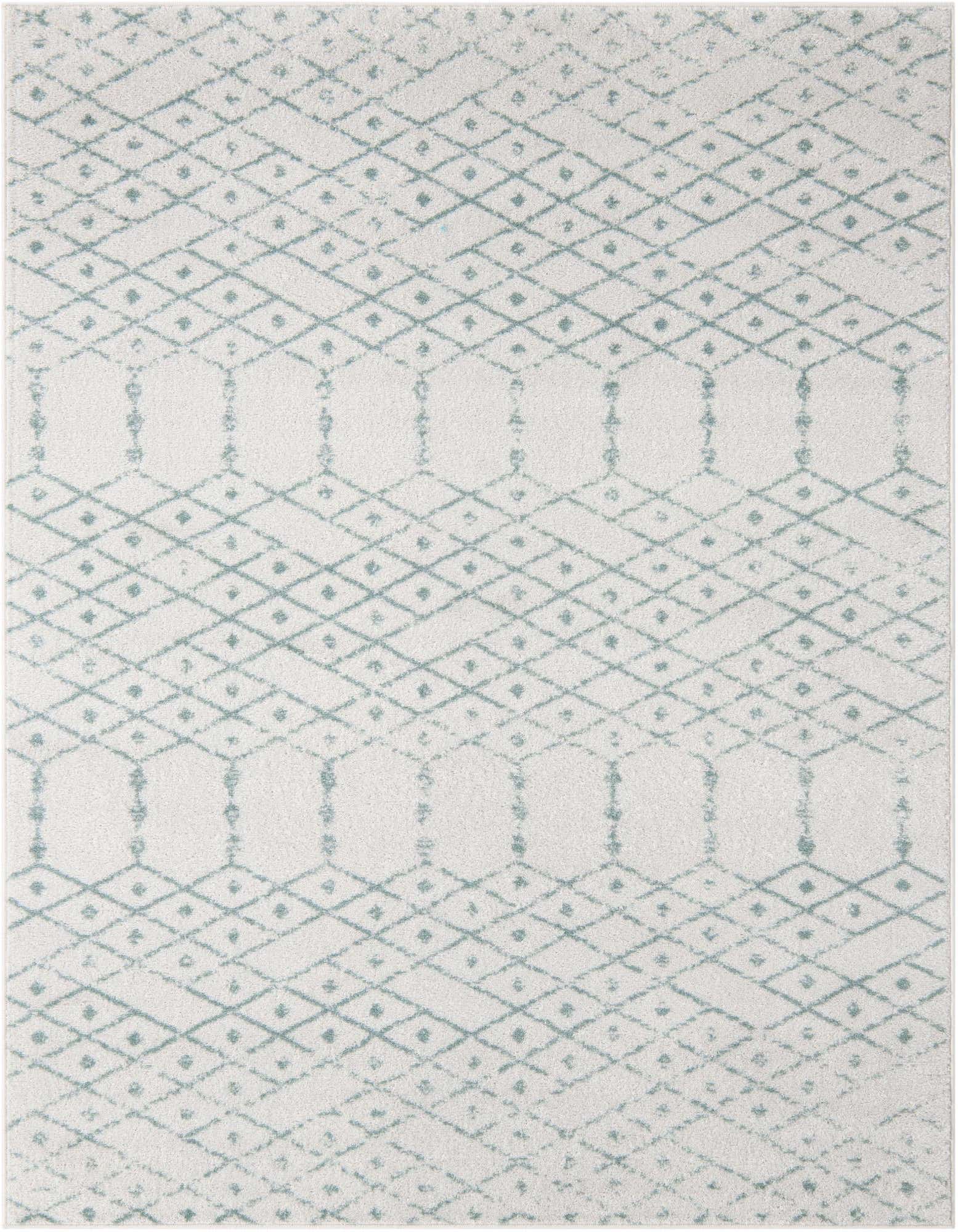 An 8x10 rectangular Rugs.com Paxon Trellis rug with a modern tribal pattern in blue and ivory.
