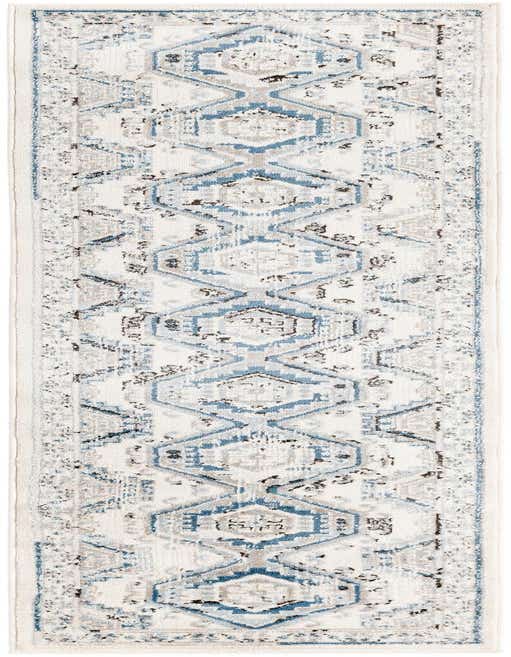 An 8 ft runner rug with a distressed traditional tribal pattern in shades of blue, ivory, and gray, suitable for a hallway or kitchen.