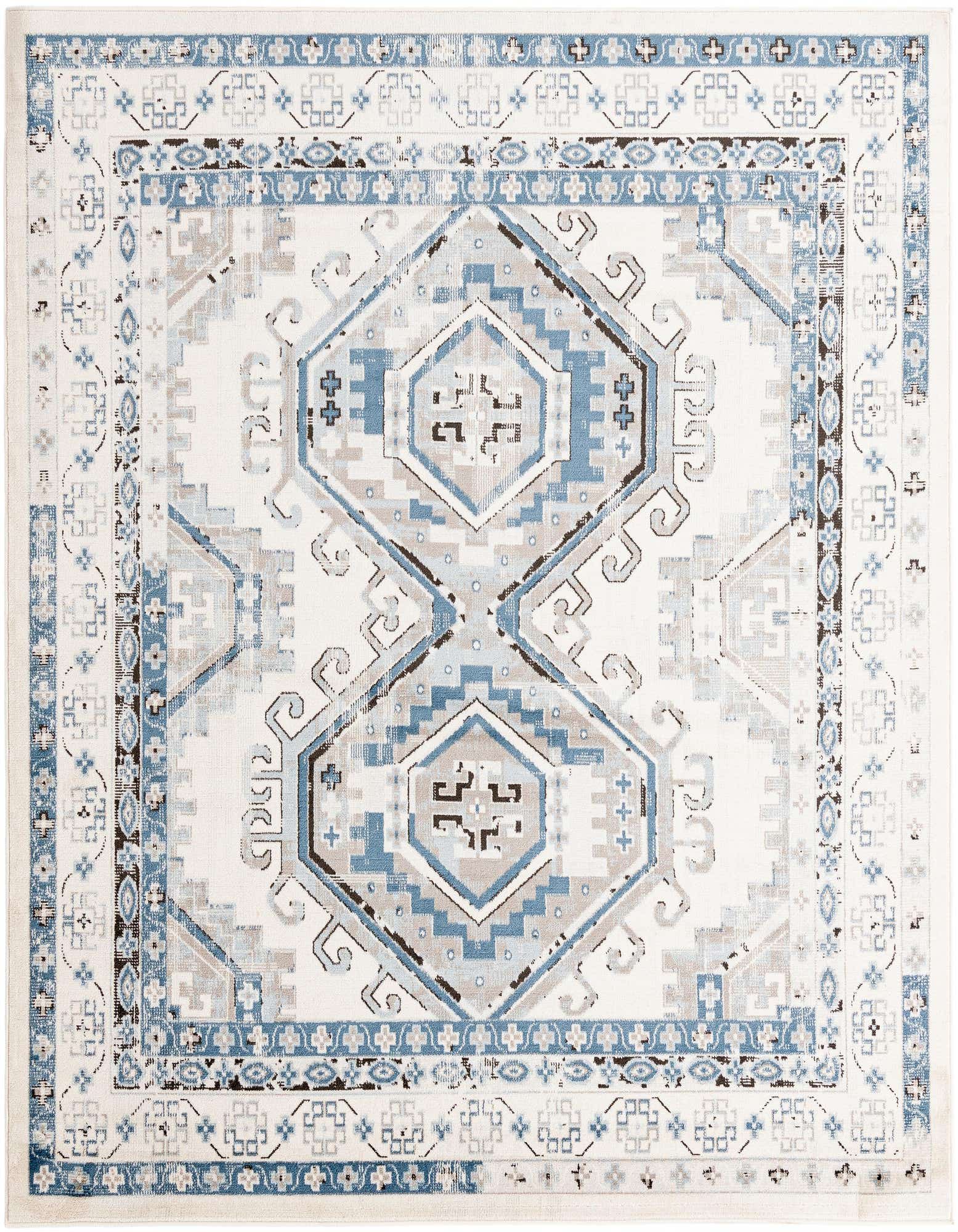 A square 7' 10 x 7' 10 Rugs.com Charlotte rug featuring a traditional tribal pattern in blues, ivories, and creams.